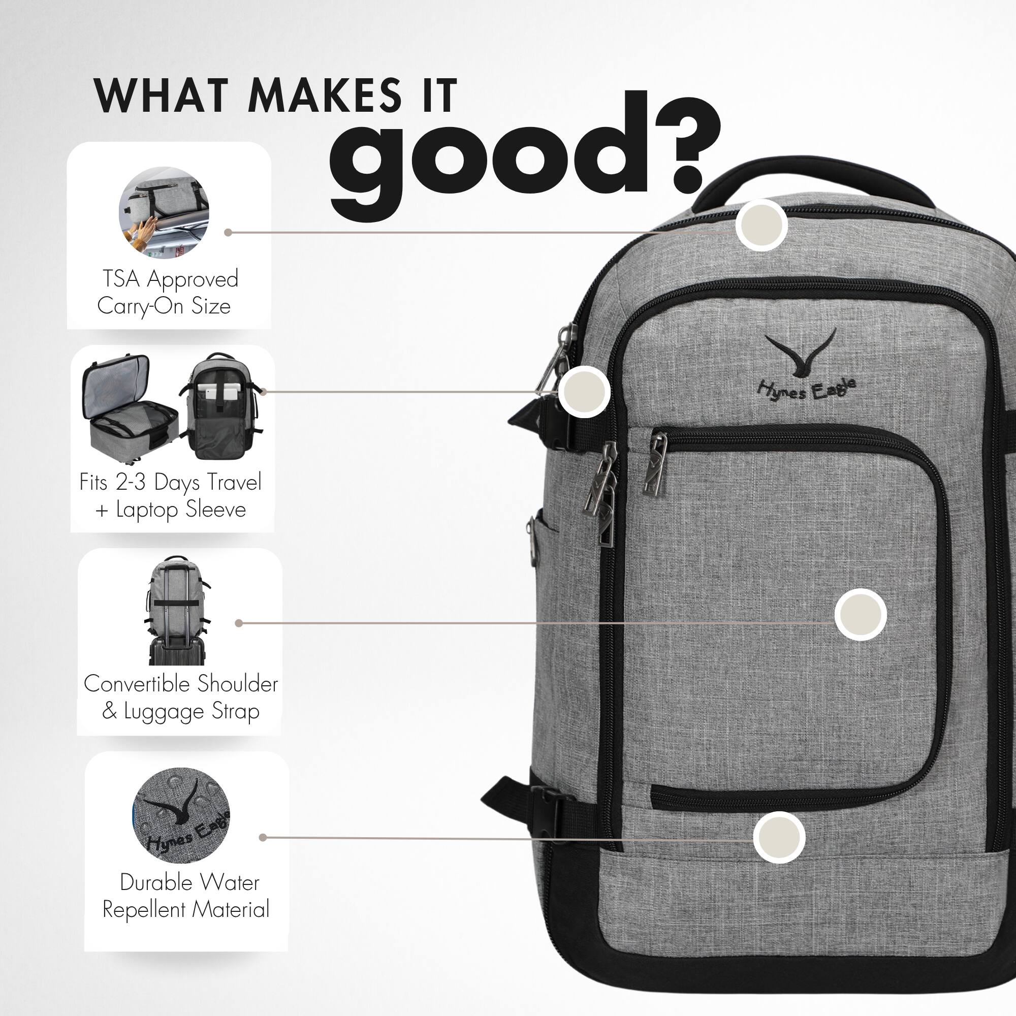 WHAT MAKES IT good?

TSA Approved Carry-On Size

Hynes Eagle

Fits 2-3 Days Travel + Laptop Sleeve

Convertible Shoulder & Luggage Strap

Durable Water Repellent Material