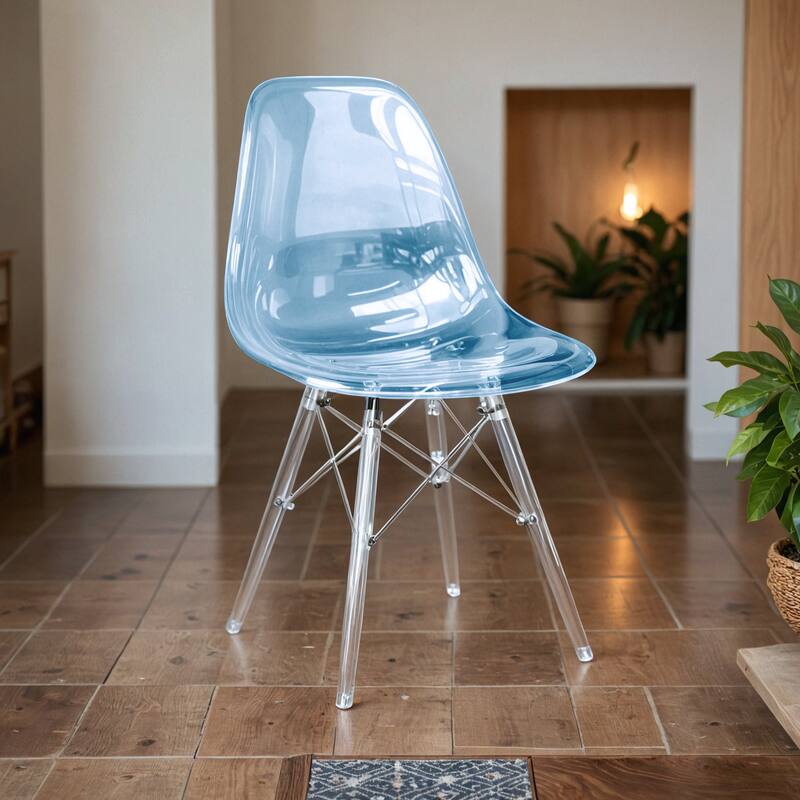 Angle. LeisureMod - Cresco Modern Acrylic Accent Side Chair with Eifel Design Legs for Dining Room, Kitchen and Home Office - Transparent Blue.
