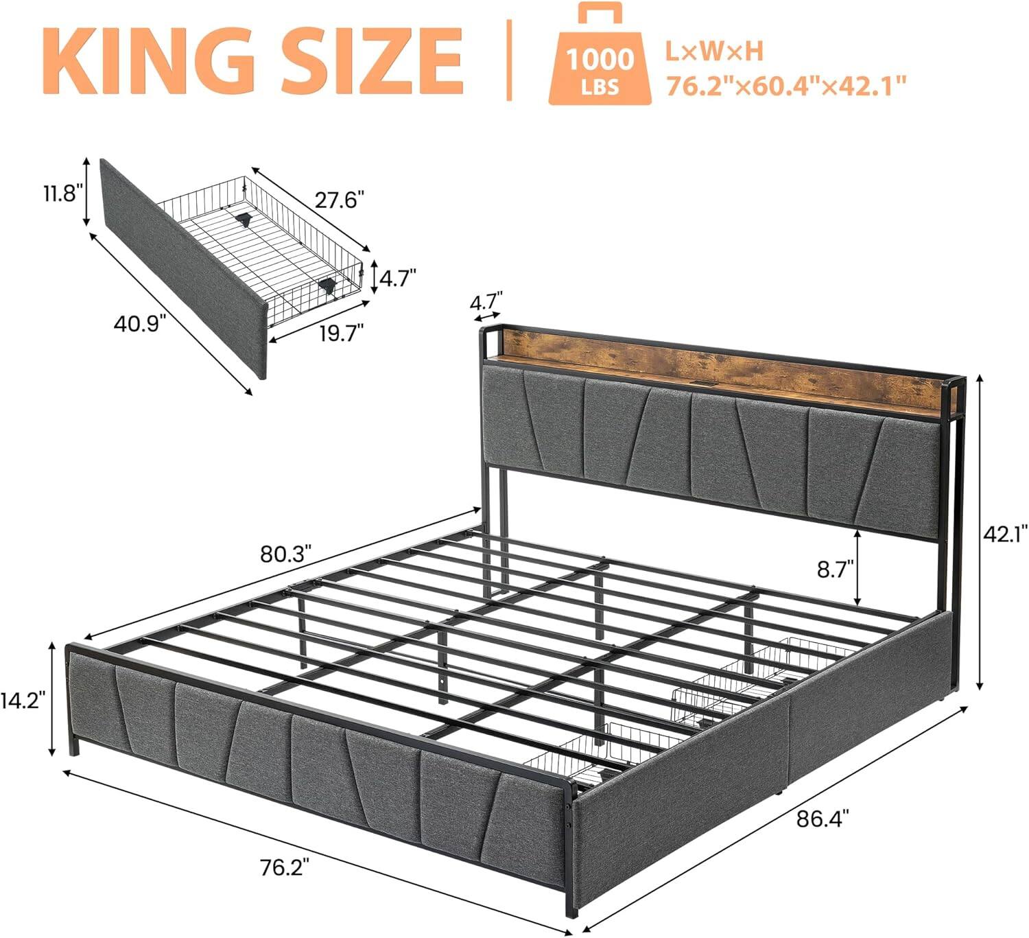 KING SIZE  
1000 LBS  
LxWxH 76.2"x60.4"x42.1"  

11.8"  
27.6"  
4.7"  
40.9"  
19.7"  
4.7"  
80.3"  
14.2"  
86.4"  
8.7"  
42.1"