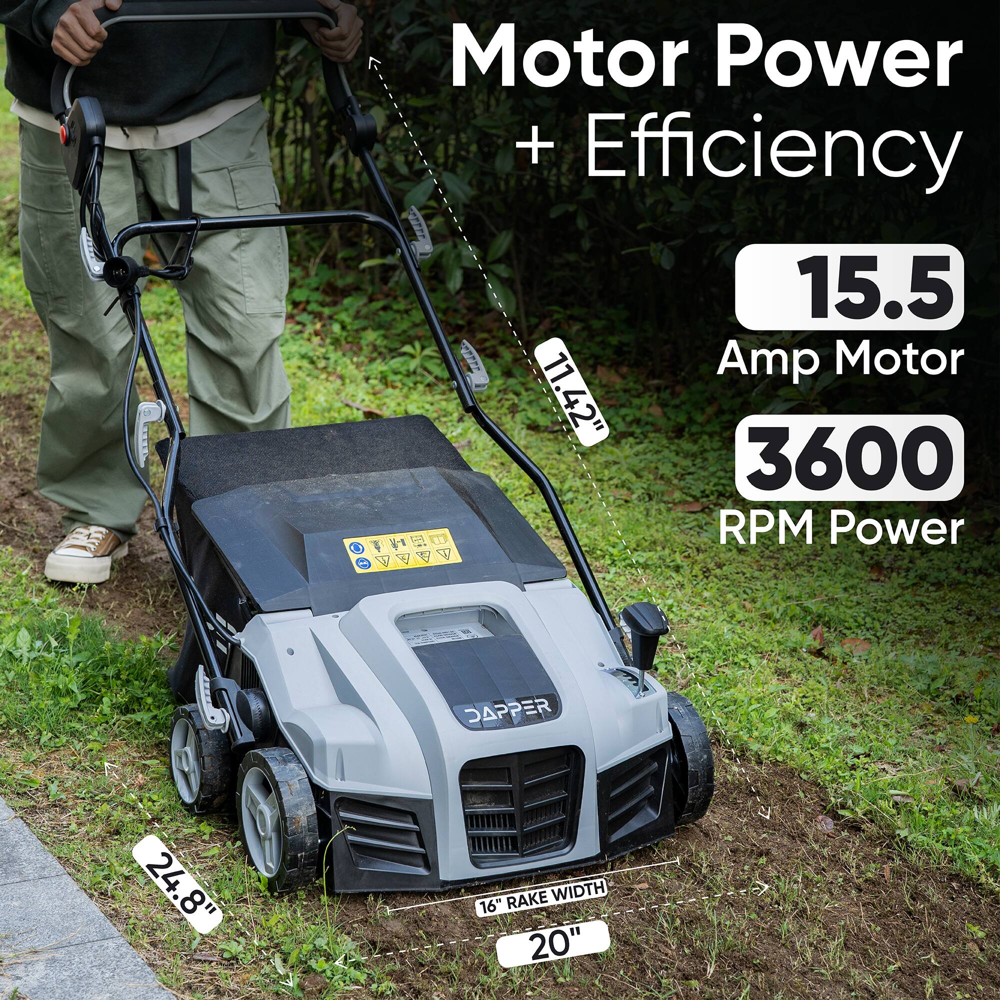 Motor Power + Efficiency  
15.5 Amp Motor  
3600 RPM Power  
11.42"  
24.8" RAKE WIDTH  
16" 20"