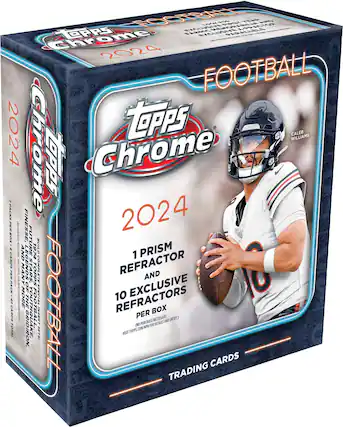 FOOTBALL 2024 TOPPS CHROME BOX SET. PRIZM REFRACTOR AND EXCLUSIVE LEGENDS CARD IN EACH BOX. 10 EXCLUSIVE REFRACTOR CARDS PER BOX. PURCHASE NECESSARY. DETAILS AND ENTRY ON TOPPS.COM/MPN.