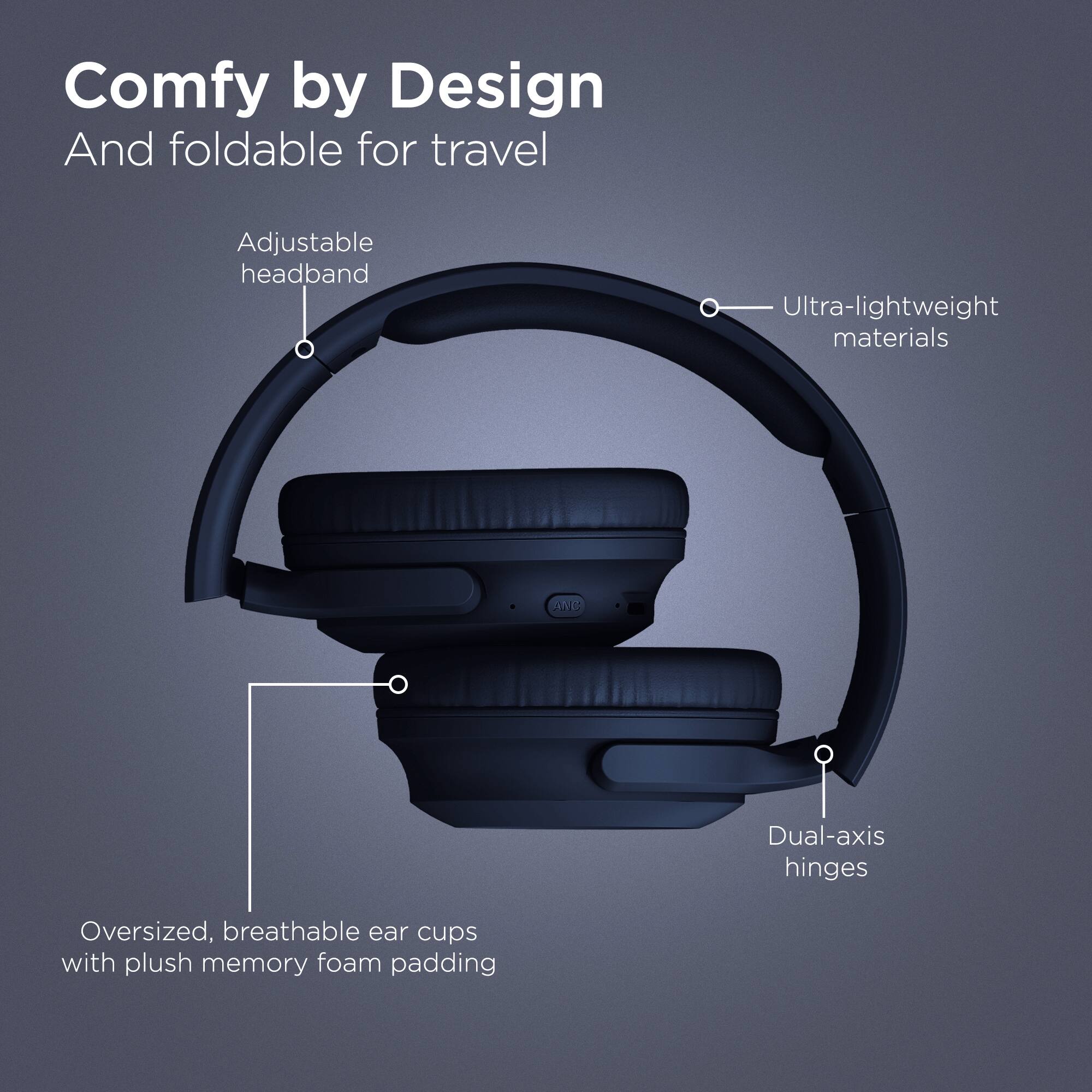 Comfy by Design  
And foldable for travel  

Adjustable headband  
Ultra-lightweight materials  
Dual-axis hinges  
Oversized, breathable ear cups with plush memory foam padding