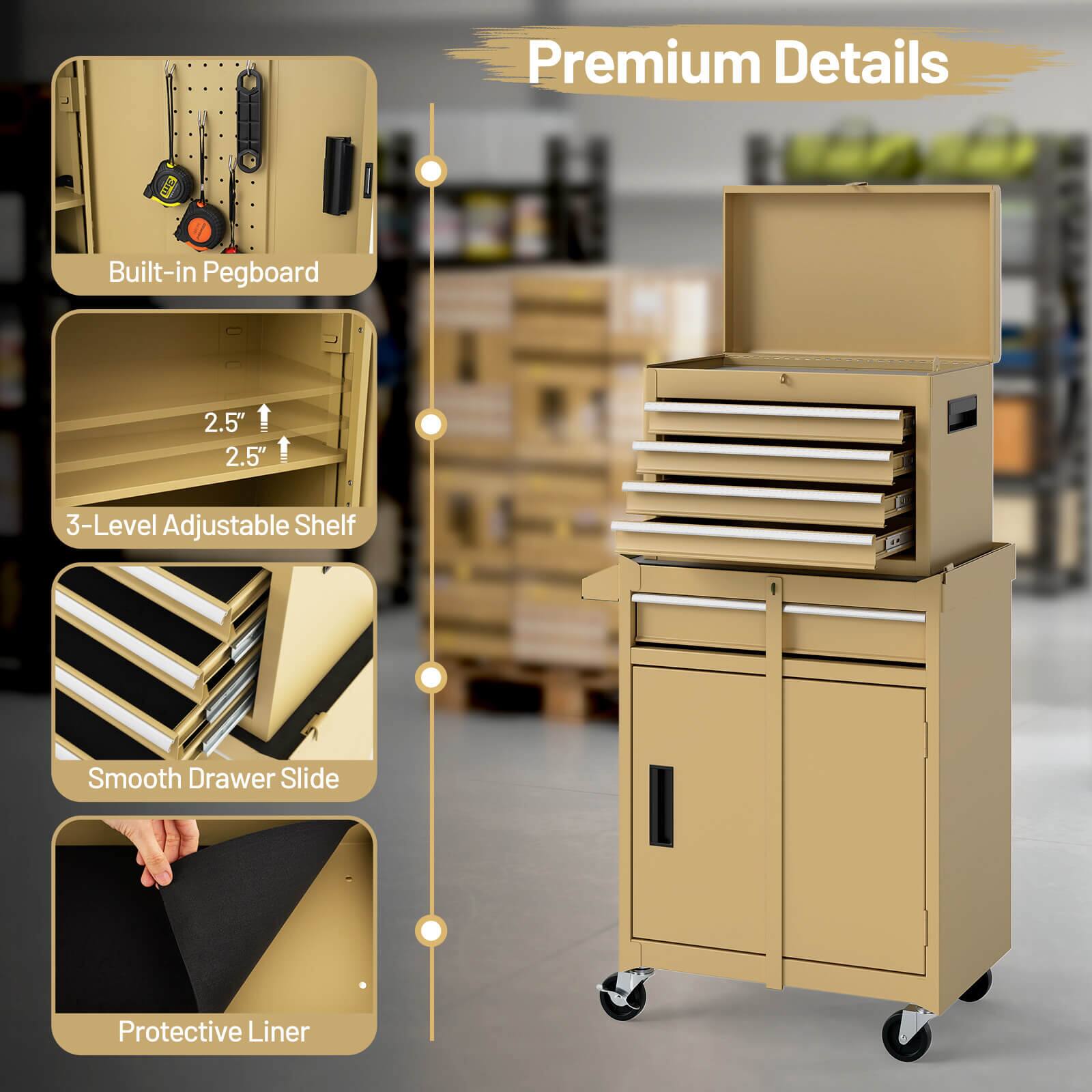 Premium Details
- Built-in Pegboard
- 3-Level Adjustable Shelf (2.5" 2.5")
- Smooth Drawer Slide
- Protective Liner