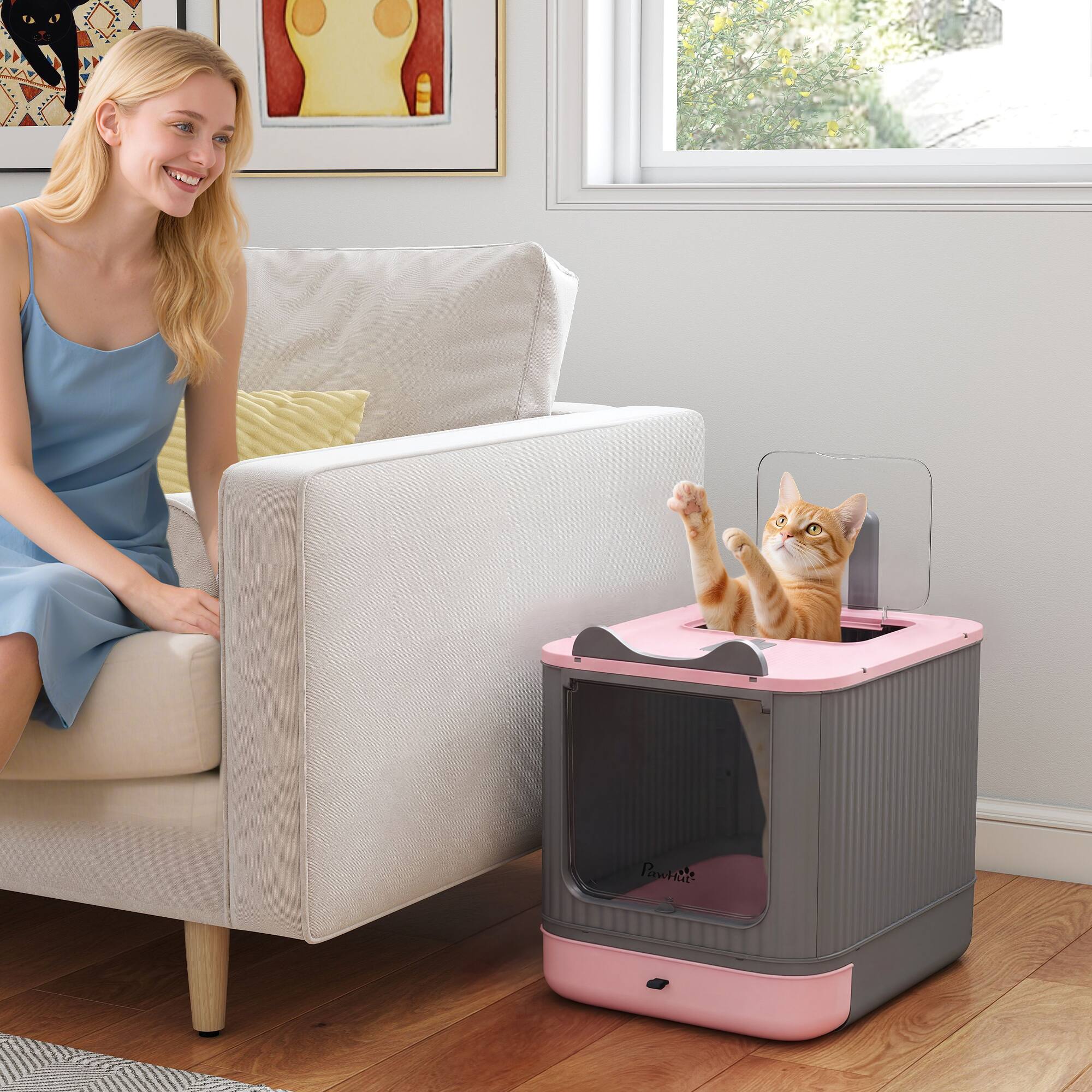 Alt View 1. Pawhut - Litter Box with Lid, Enclosed Litter Box for Medium Cats, Front-Entry and Top-Exit, Scoop - Pink.