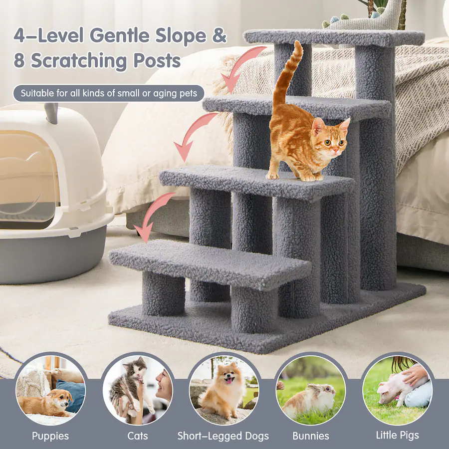 Gymax 24'' 4 Step Pet Stairs Carpeted Ladder Ramp 8 Scratching Post Cat ...