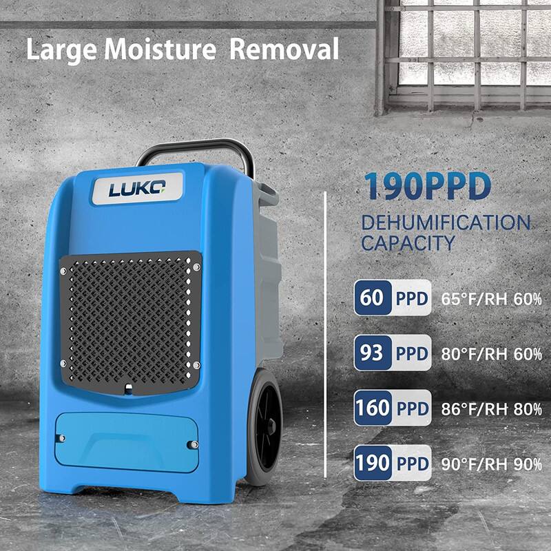 Large Moisture Removal

190 PPD  
DEHUMIDIFICATION CAPACITY

- 60 PPD 65°F/RH 60%
- 93 PPD 80°F/RH 60%
- 160 PPD 86°F/RH 80%
- 190 PPD 90°F/RH 90%