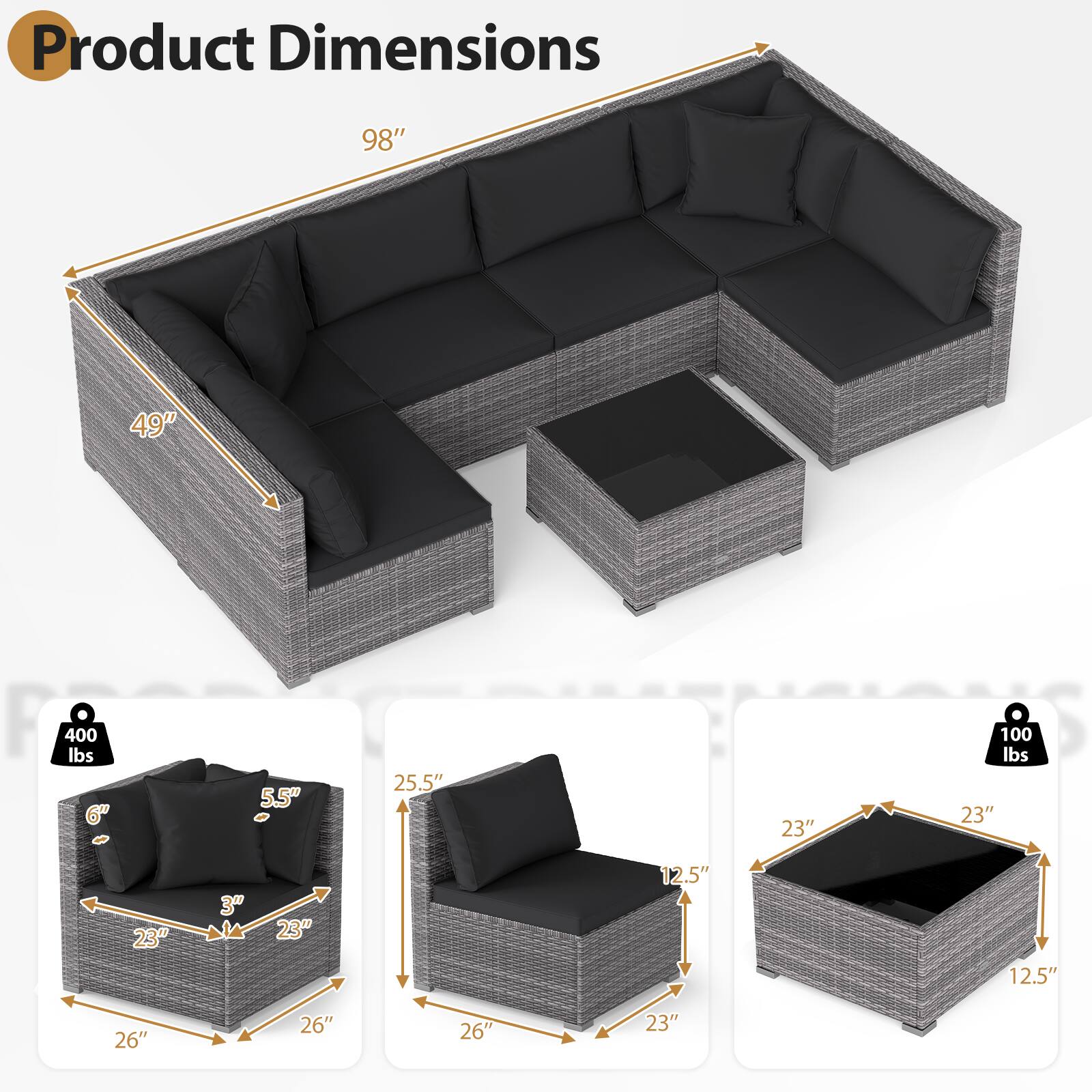 Product Dimensions: 98" x 49"  
Weight Capacity: 400 lbs  
Armrest Height: 6"  
Seat Depth: 25.5"  
Seat Height: 23"  
Back Height: 23"  
Table Dimensions: 23" x 23" x 3"  
Table Height: 12.5"