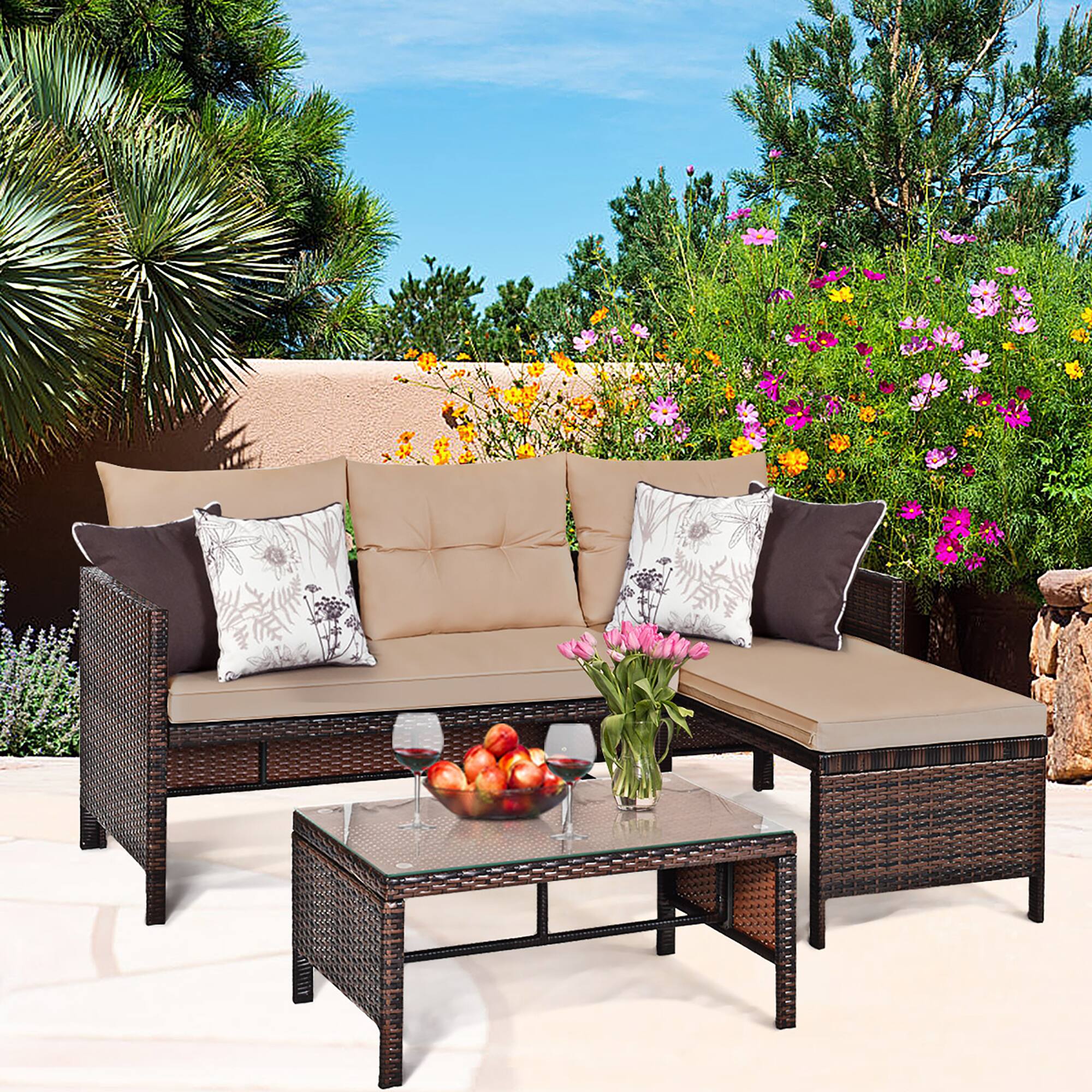 Alt View 1. Costway - Costway 3PC Patio Sofa Set Outdoor Sectional Conversation Set Rattan Wicker - Brown.