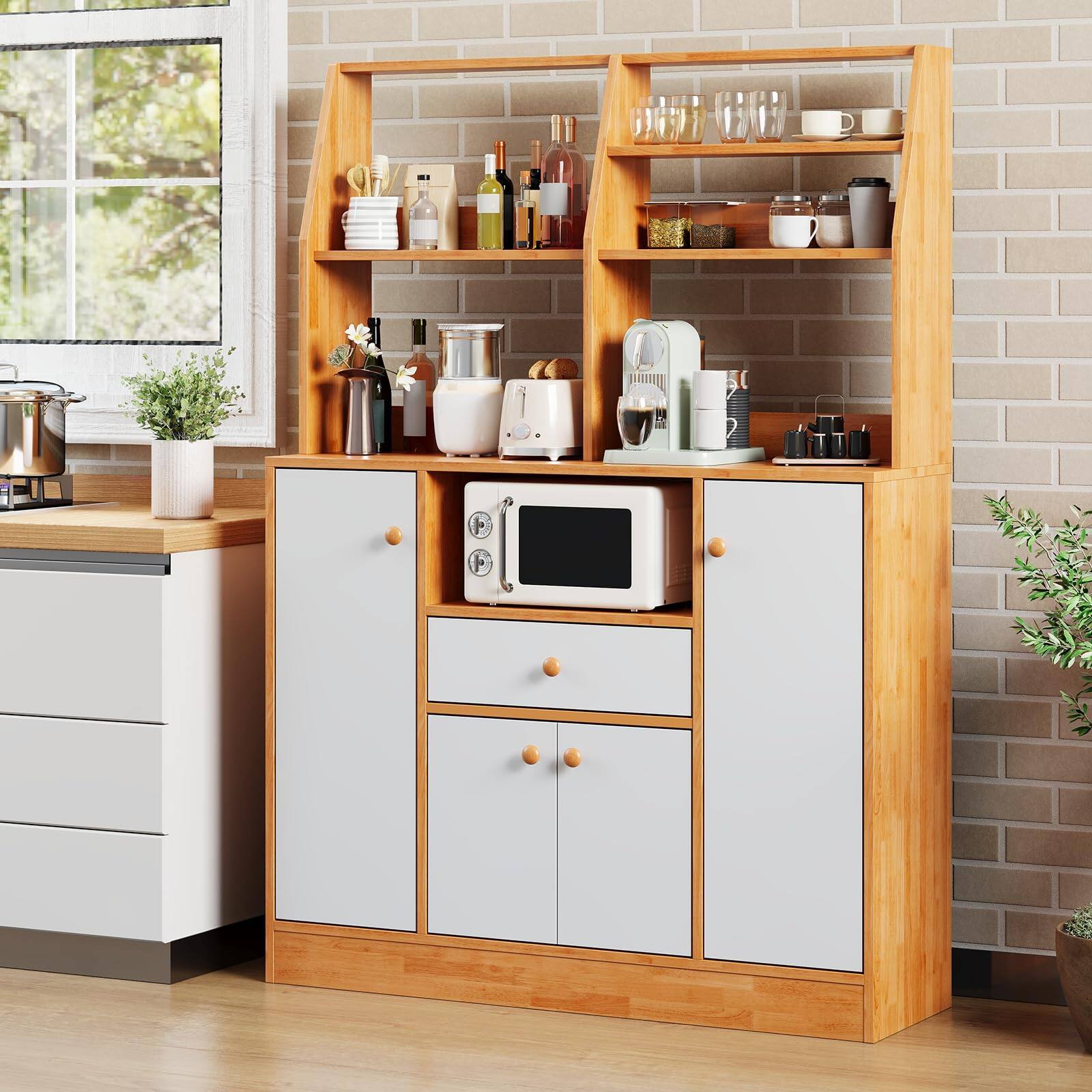 Angle. Qeetex - Wooden Sideboard Buffet Cabinet with Storage, Adjustable Shelves, Drawers & Coffee Bar Station - Brown+white.