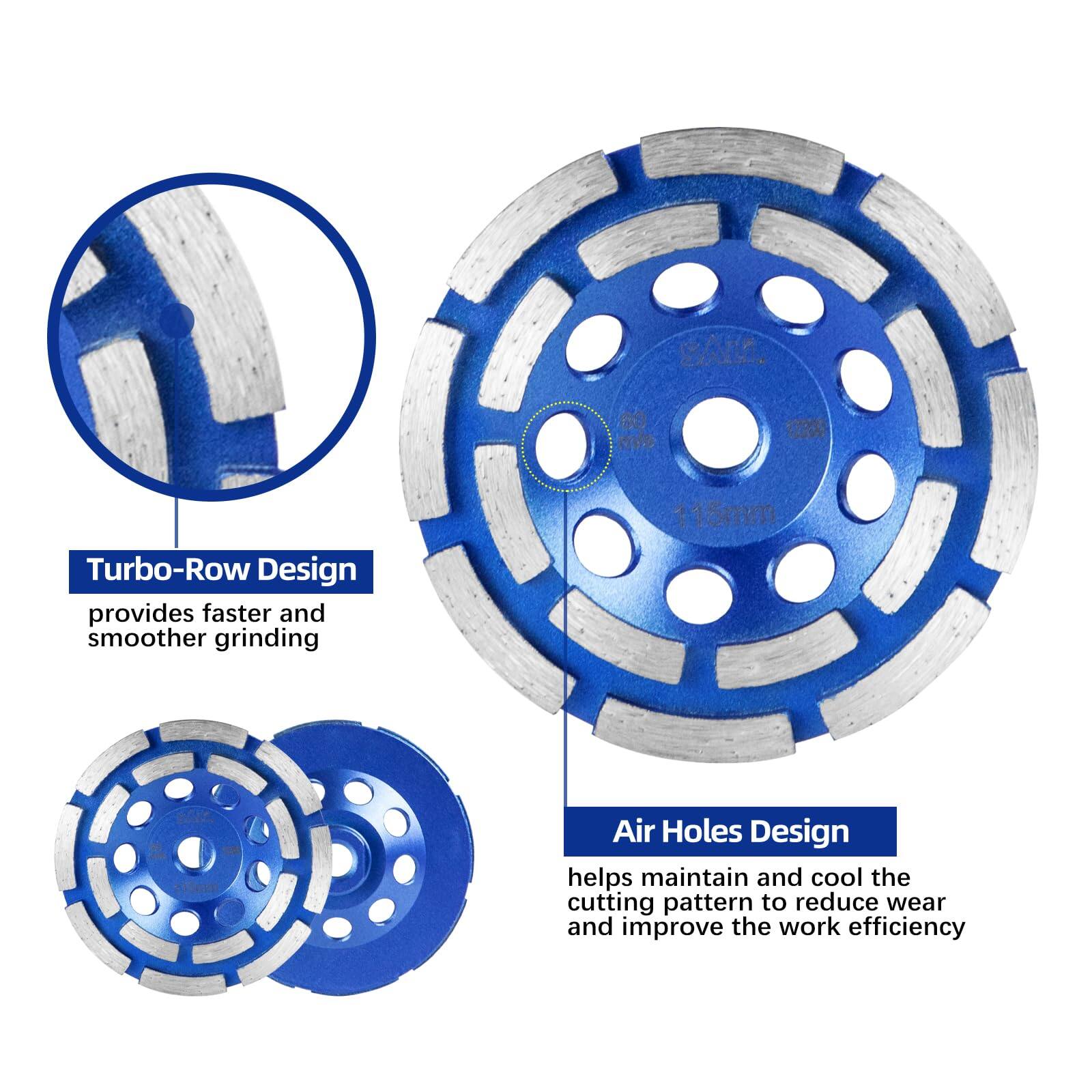 BAI. 6 s 1220 Turbo-Row Design provides faster and smoother grinding. 11 5mm Air Holes Design helps maintain and cool the cutting pattern to reduce wear and improve the work efficiency.