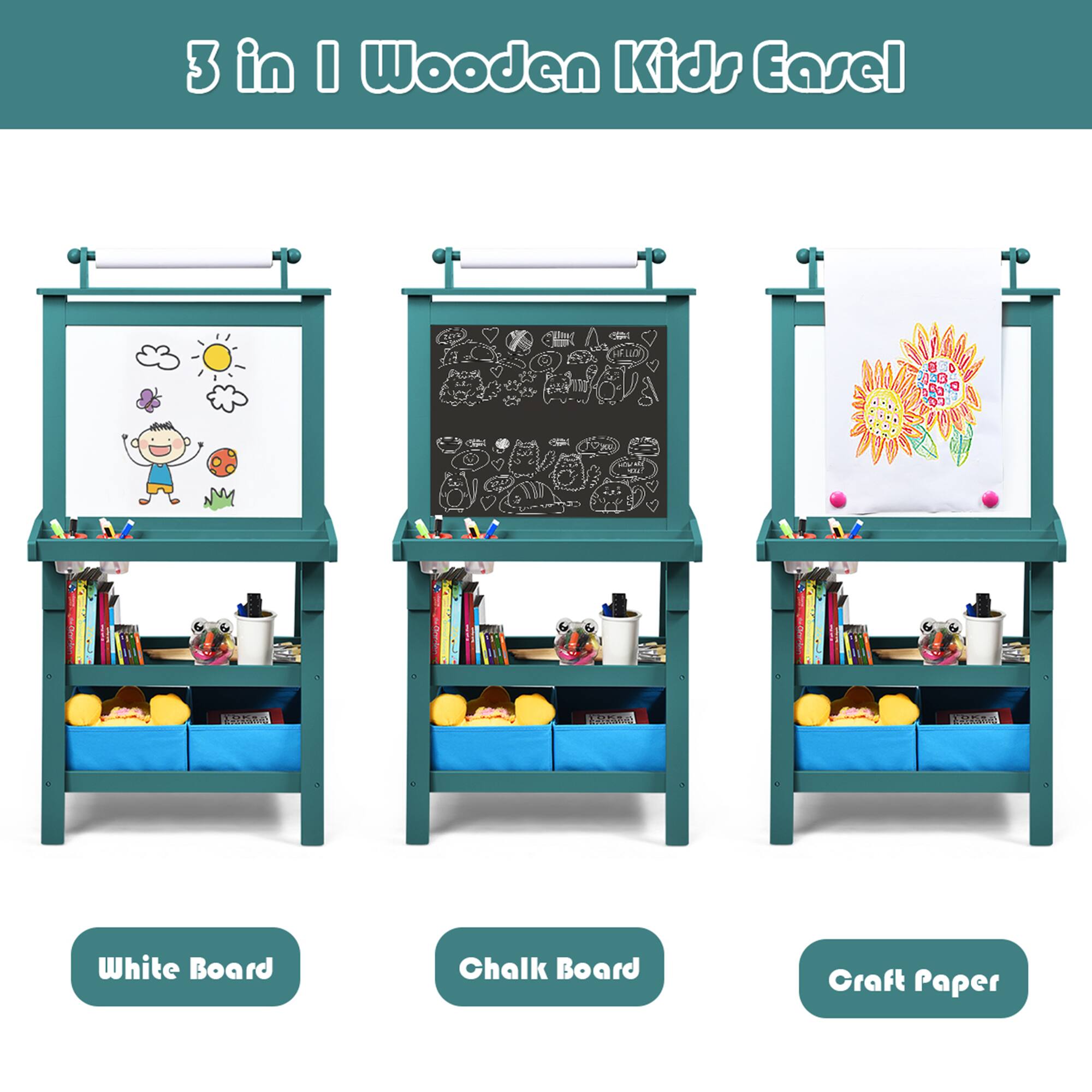 3 in 1 Wooden Kids Easel

White Board

Chalk Board

Craft Paper