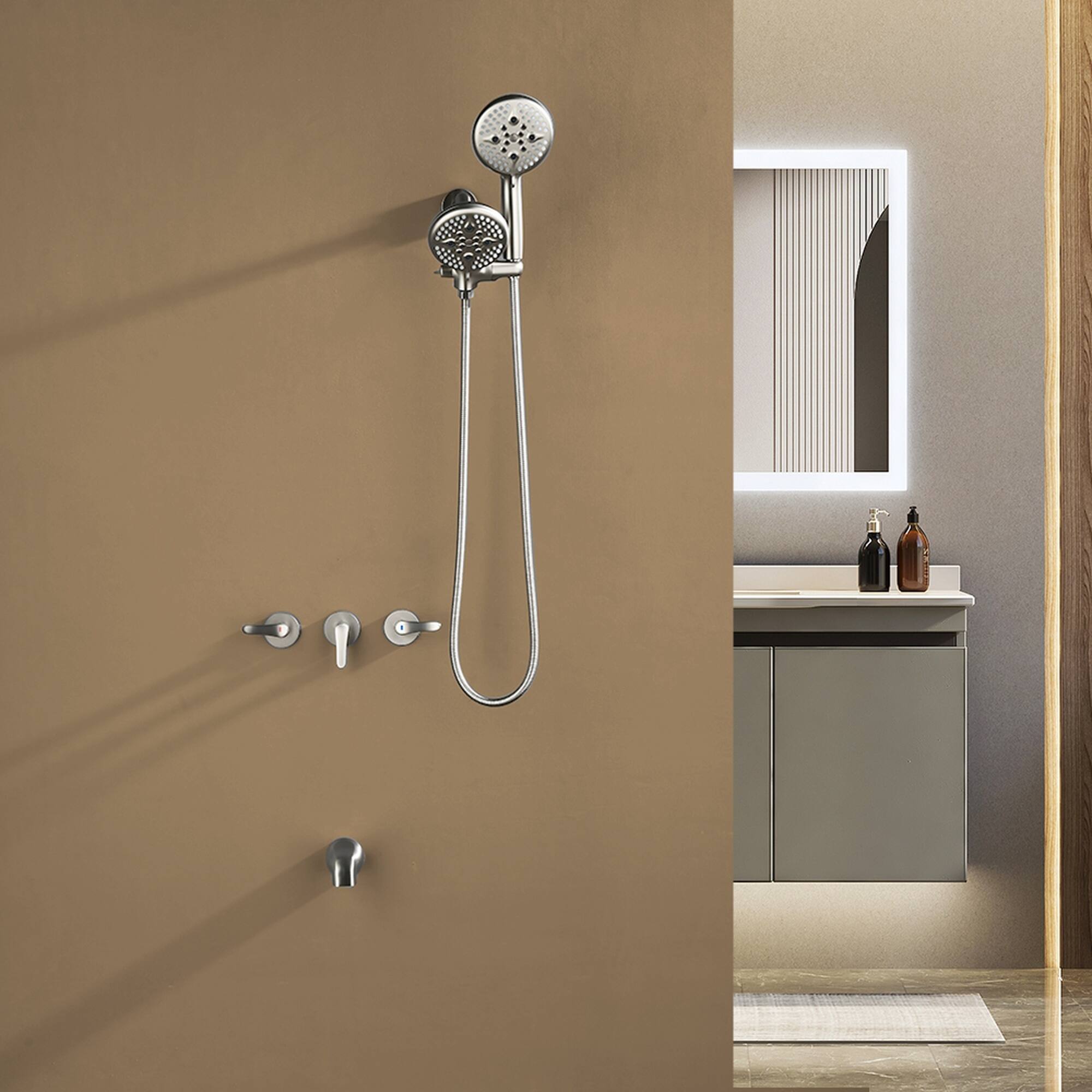 Alt View 5. Boyel Living - Brushed Nickel Three Handle Shower System Brass SUS304 5-Function Dual ABS Shower Heads 60-Inch Hose - Brushed Nickel.