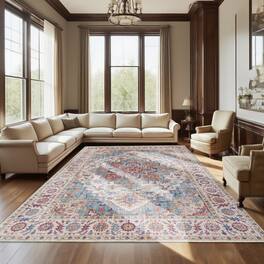 Ihomeadore - 7FT x 5FT Vintage Bohemia Cotton Area Rug with Non-Slip TPR Backing for Indoor Living Room and Entryway - Red