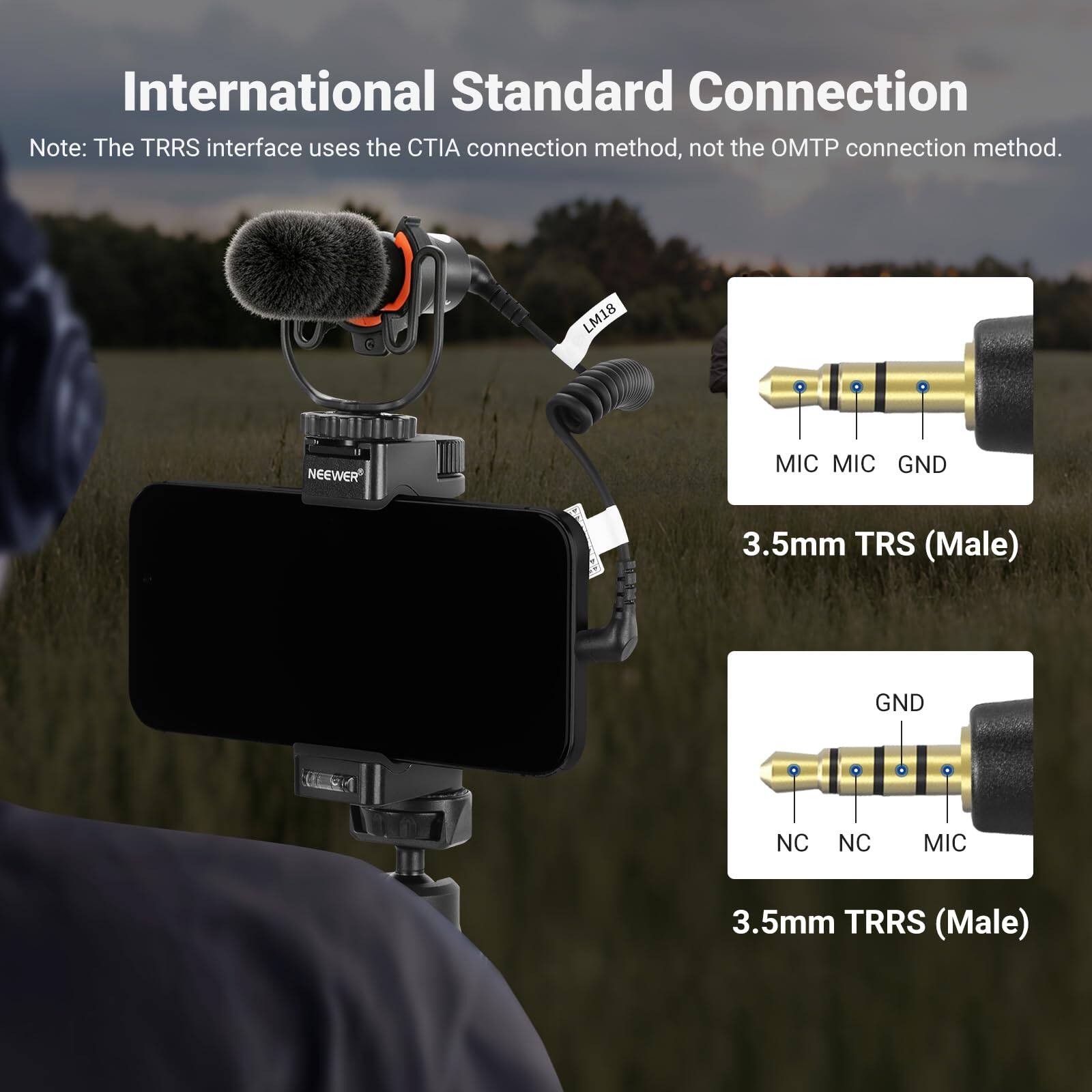 International Standard Connection  
Note: The TRRS interface uses the CTIA connection method, not the OMTP connection method.  

LM18 NEEWER MIC  
MIC GND 3.5mm TRS (Male)  
GND NC NC MIC 3.5mm TRRS (Male)
