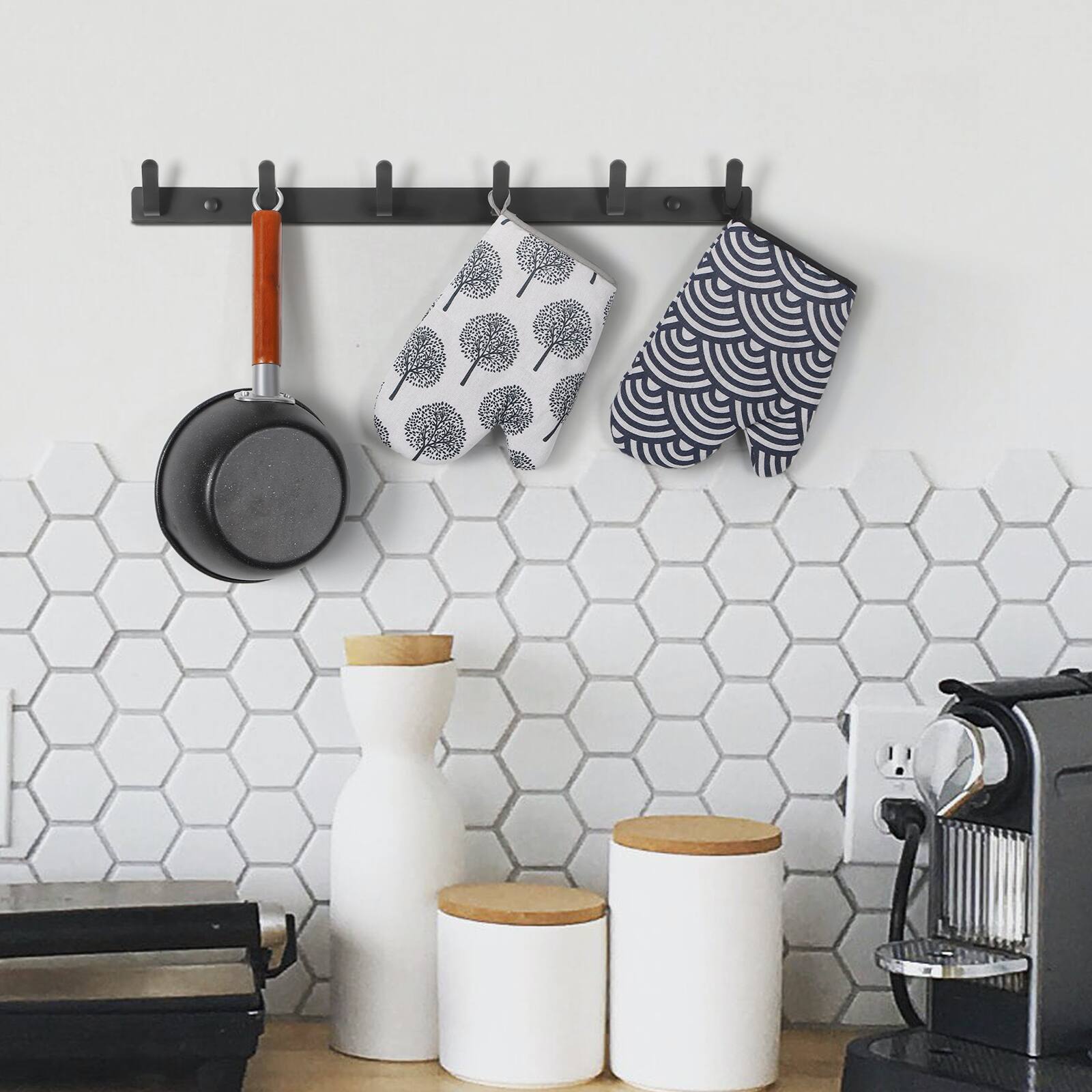 Alt View 2. Oumilen - Black Metal Wall Coat Rack with 6 Hooks – No Drill Adhesive Hanger for Coats, Hats, Towels, Entryway - Black.