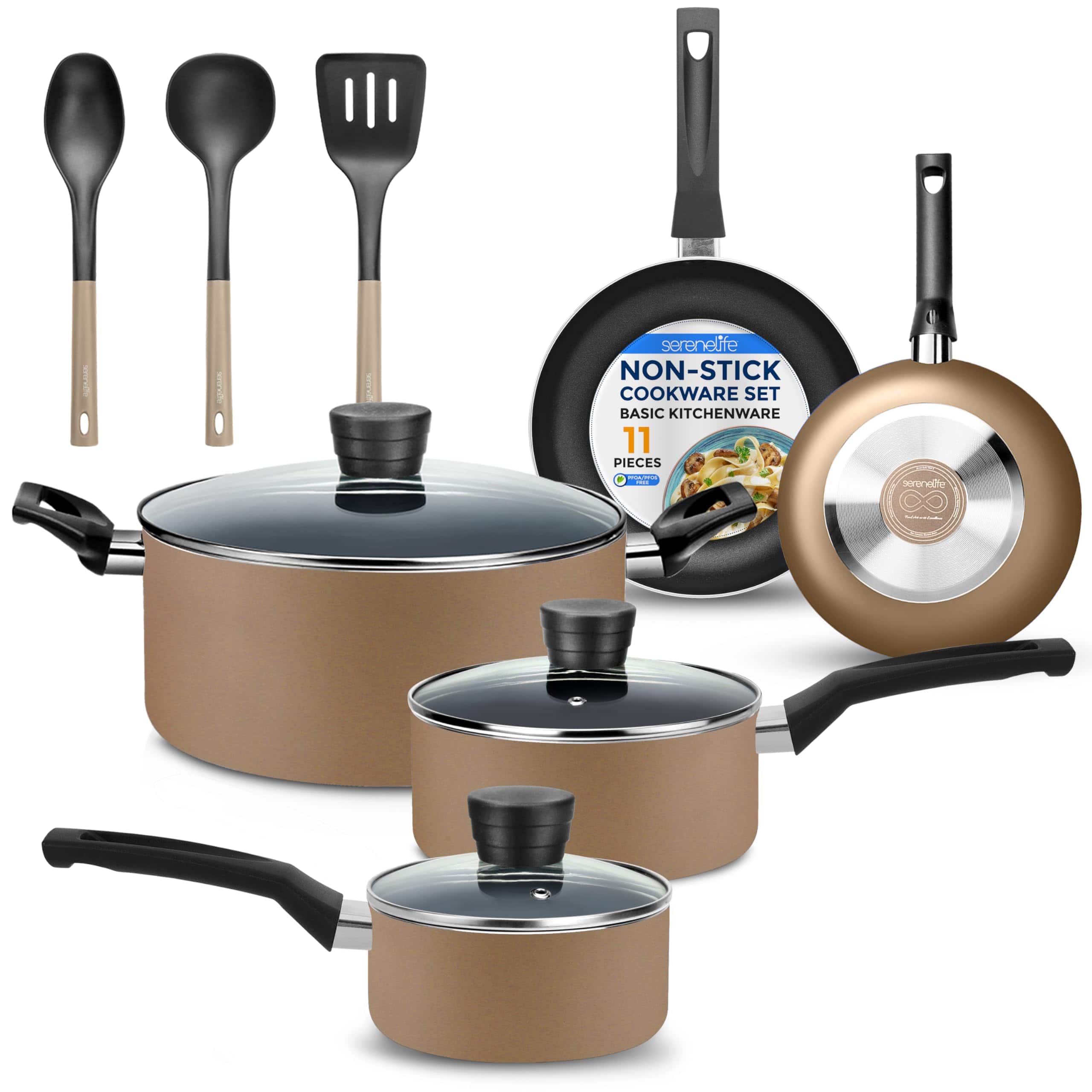 SereneLife - 11-Piece Kitchen Cookware Set, Non-Stick, Black Coating, Heat-Resistant Lacquer, (SLCW11GLD) - Gold