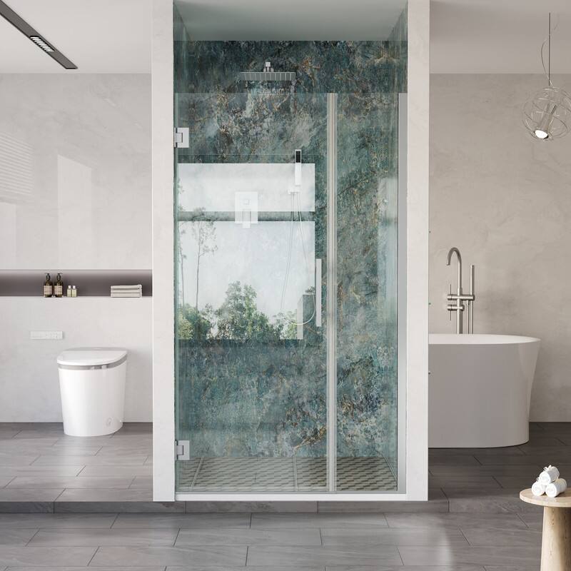 Front. WELLFOR - 39–40 in. W x 72 in. H Frameless Hinged Shower Door with 3/8" Clear Tempered Glass, Reversible Opening - Chrome.