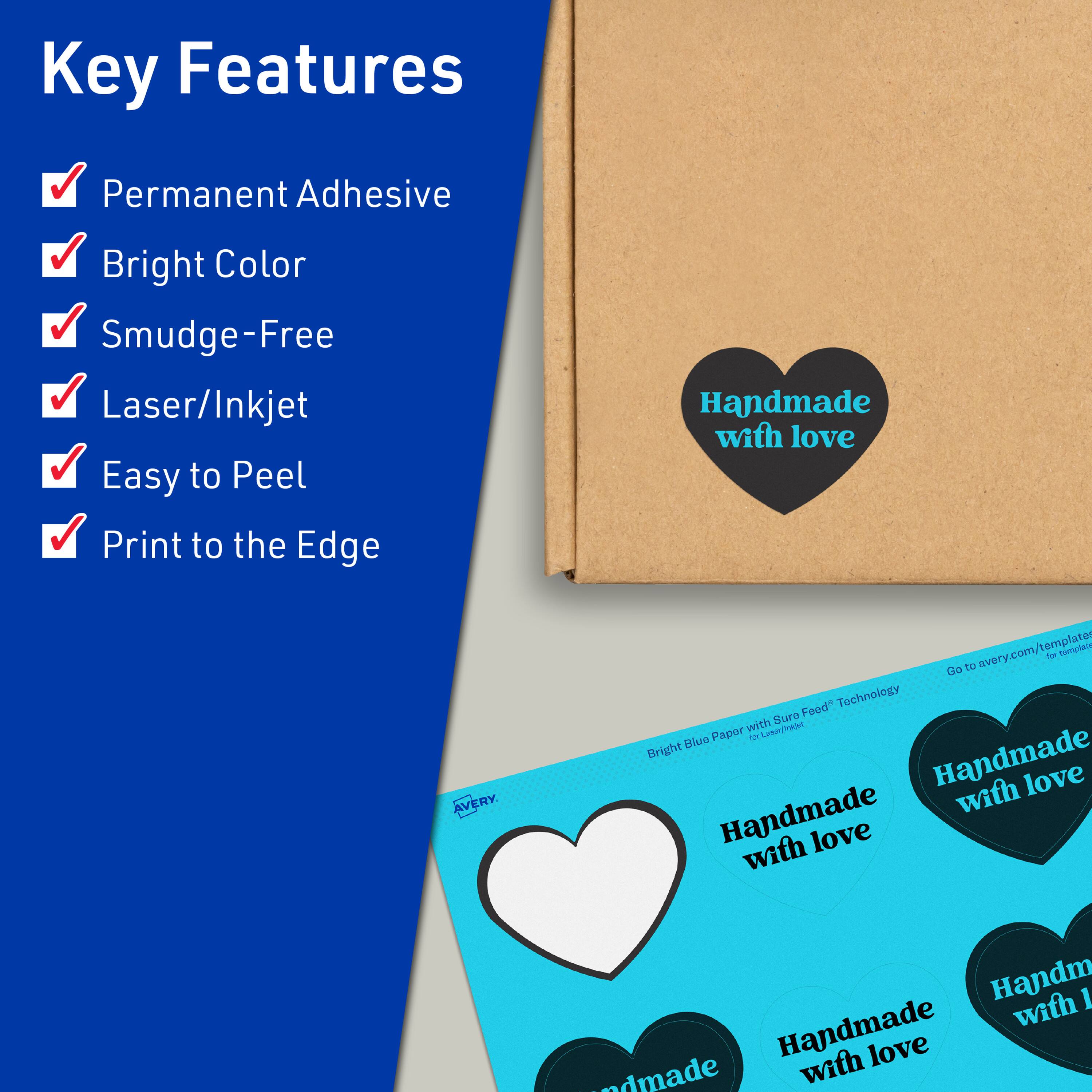 Key Features  
- Permanent Adhesive  
- Bright Color  
- Smudge-Free  
- Laser/Inkjet  
- Easy to Peel  
- Print to the Edge  

Handmade with love  

AVERY  
Bright Blue Paper with Sure Feed™ Technology  
Go to avery.com/templates for templates  

Handmade with love  
Handmade with love  
Handmade with love  
Handmade with love