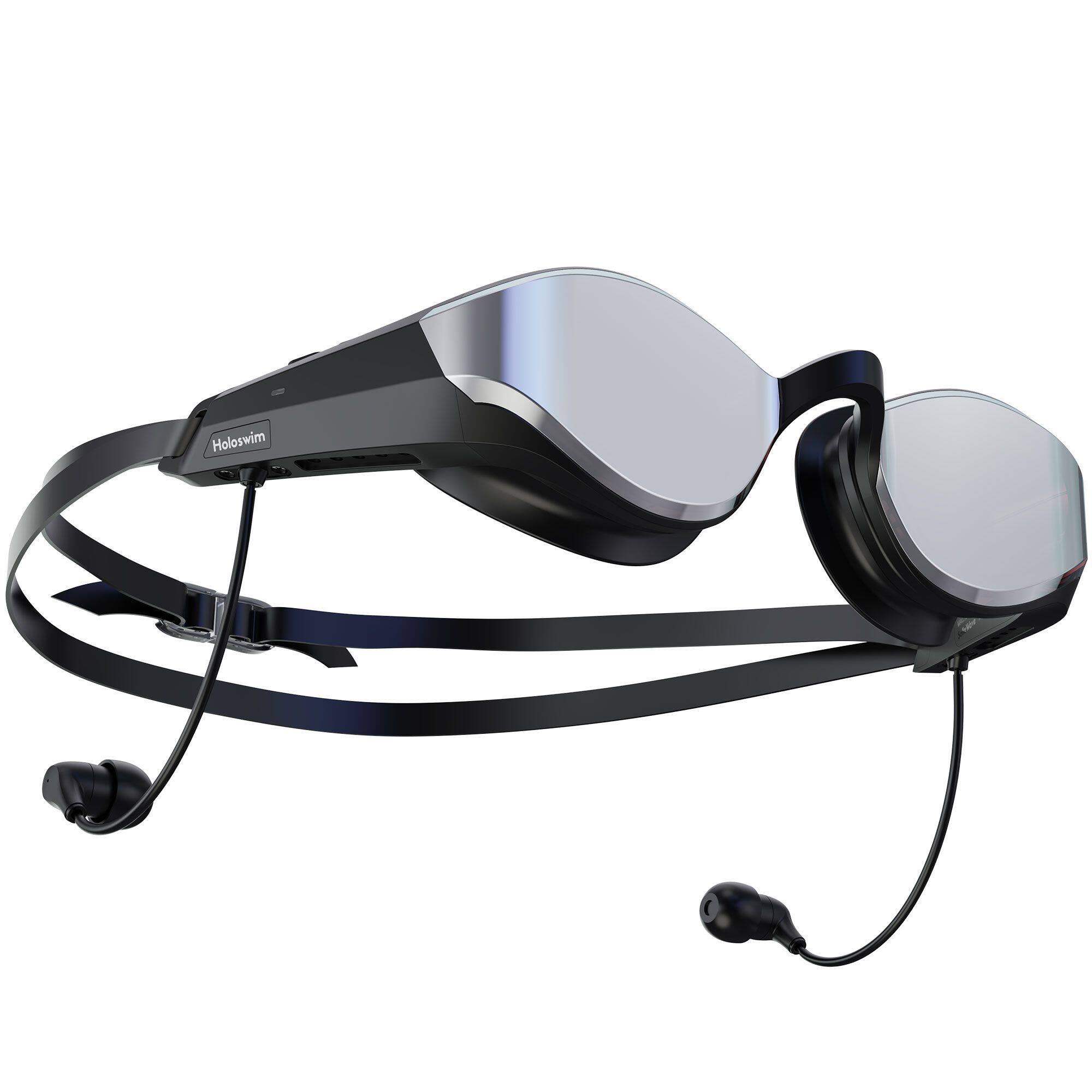 Front. Holoswim - SollaWave Smart Swim Goggles with Swimming Headphones - Black.