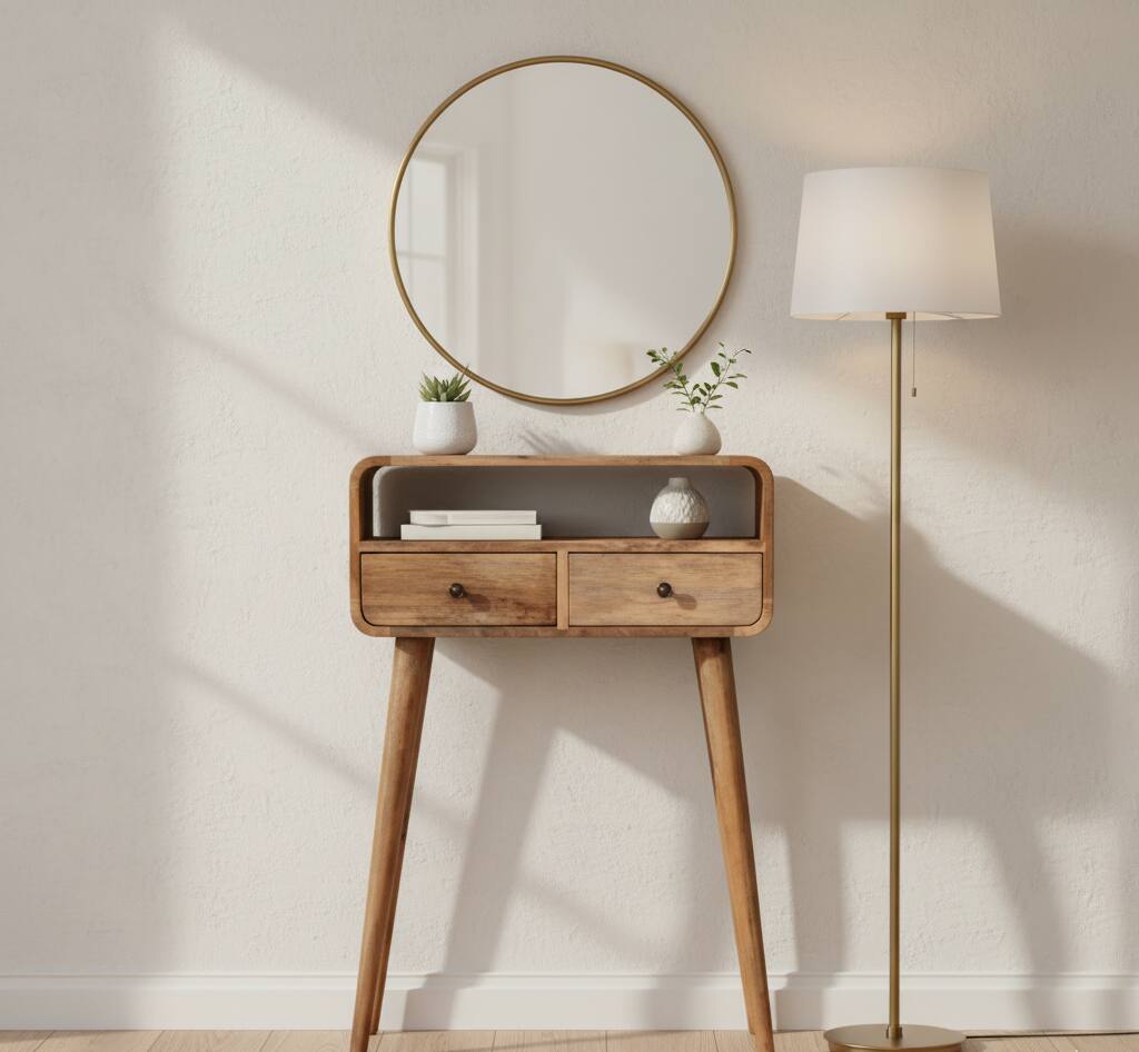 Angle. Artisan Furniture - Artisan Furniture Solid Wood Mini Curved Oak-ish Console Table, 2 Drawers, 1 Open Slot, Light Brown - Brown.