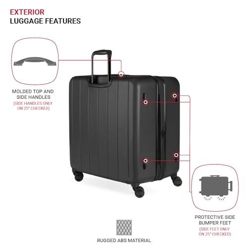EXTERIOR LUGGAGE FEATURES

- MOLDED TOP AND SIDE HANDLES (SIDE HANDLES ONLY ON 25" CHECKED)
- PROTECTIVE SIDE BUMPER FEET (SIDE FEET ONLY ON 25" CHECKED)
- RUGGED ABS MATERIAL