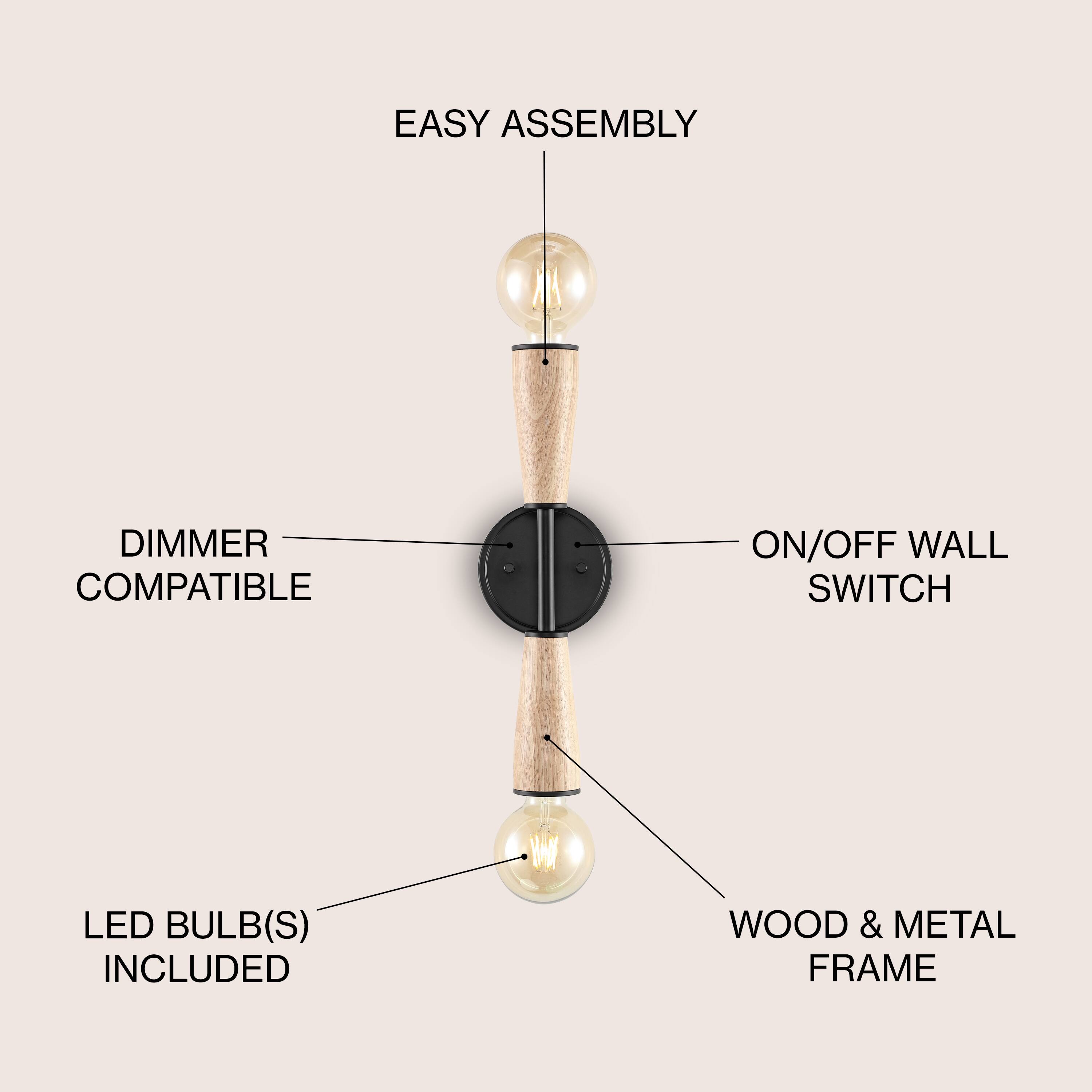 EASY ASSEMBLY  
DIMMER COMPATIBLE  
ON/OFF WALL SWITCH  
LED BULB(S) INCLUDED  
WOOD & METAL FRAME