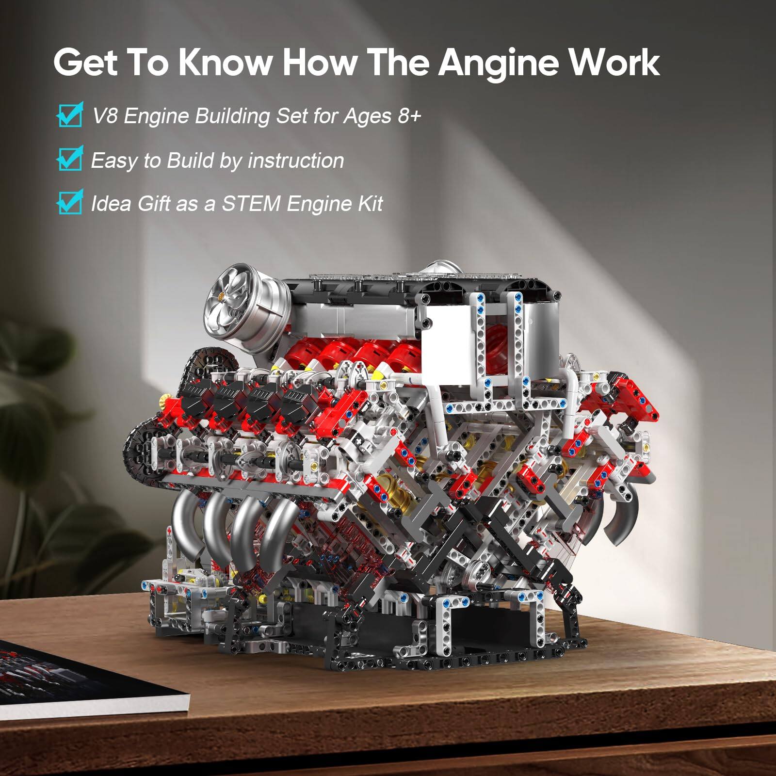 Get To Know How The Engine Work

- V8 Engine Building Set for Ages 8+
- Easy to Build by instruction
- Idea Gift as a STEM Engine Kit