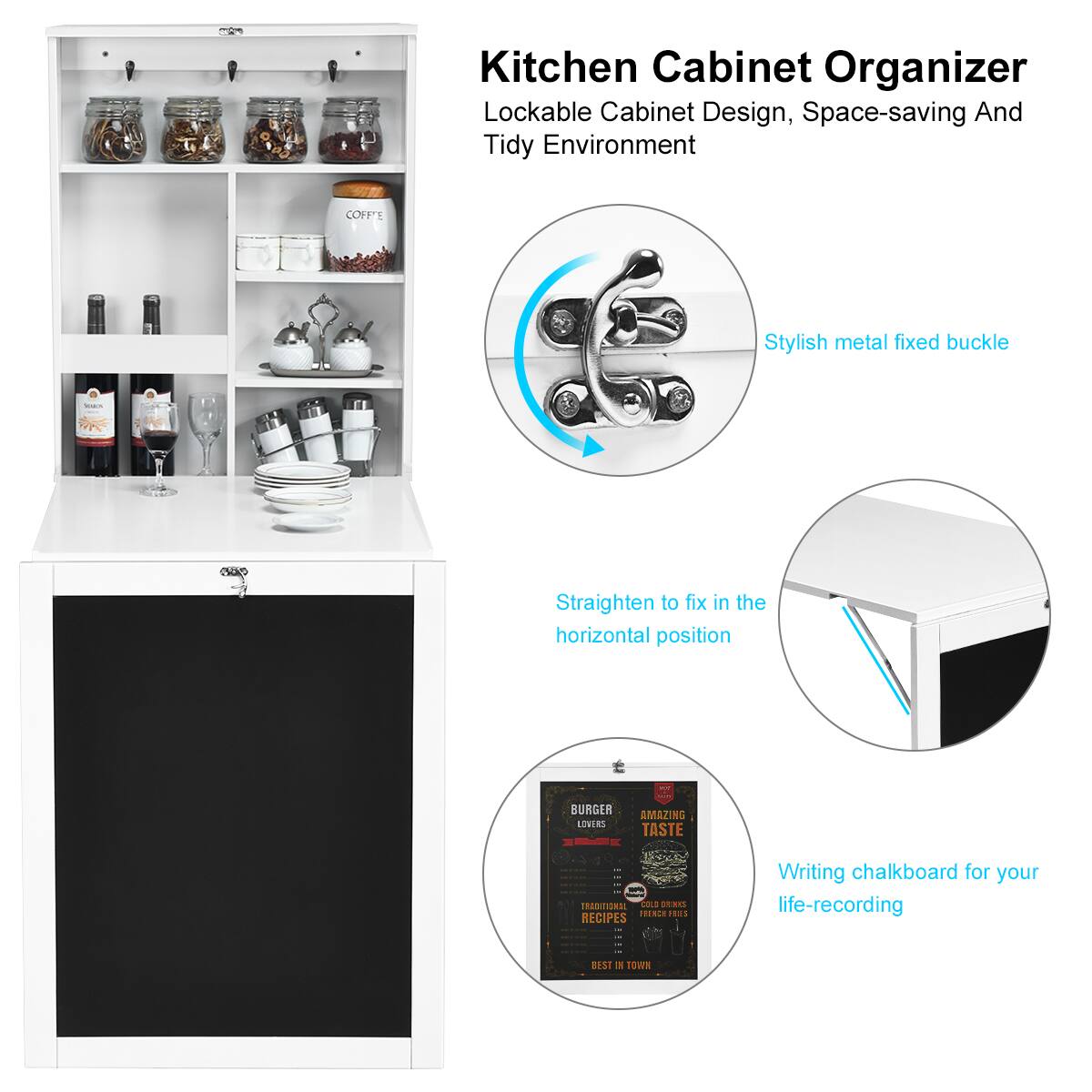 Kitchen Cabinet Organizer, Lockable Cabinet Design, Space-saving And Tidy Environment, Stylish metal fixed buckle, Straighten to fix in the horizontal position, Writing chalkboard for your life-recording.