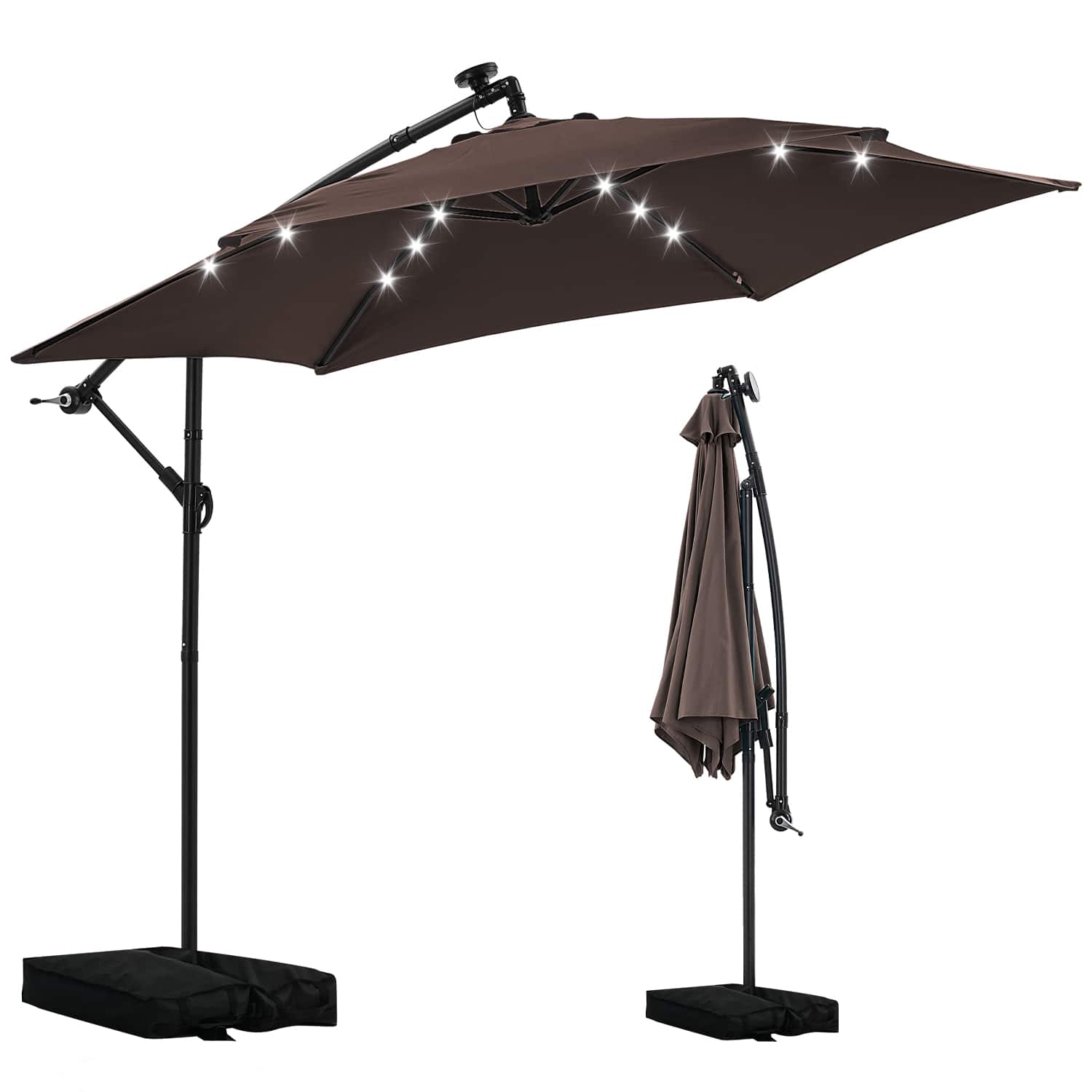 Ainfox - 10FT Solar LED Outdoor Patio Yard Offset Umbrella with Cross Base for Market,Garden,Deck,Backyard,Pool,with light - coffee