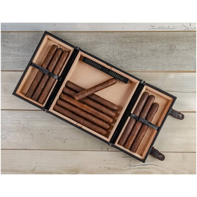 Alt View 1. Prestige - Azure Travel Cigar Humidor - Black Leather with Rich Red Stitching.