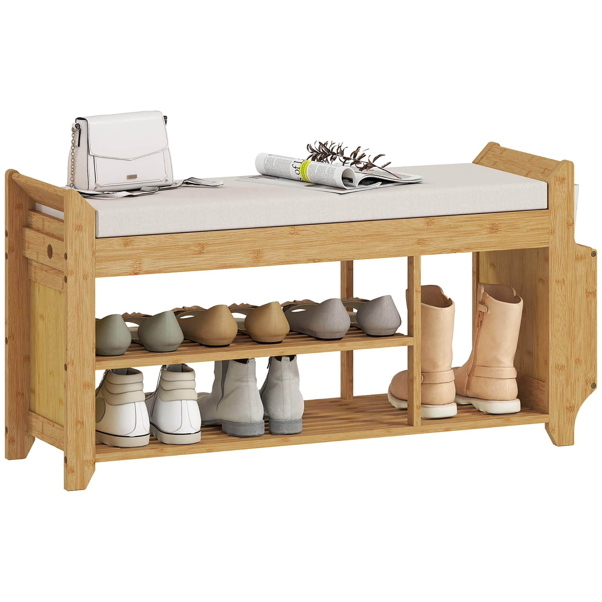 Homcom - Bench with Cushioned Seat Shoe Storage Bench with Side Umbrella Holder for Entryway Natural and - Natural and Cream