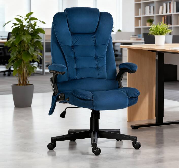 Front. TinyHomie - Dark Blue Velvet High Back Vibrating Massage Office Chair - Blue.