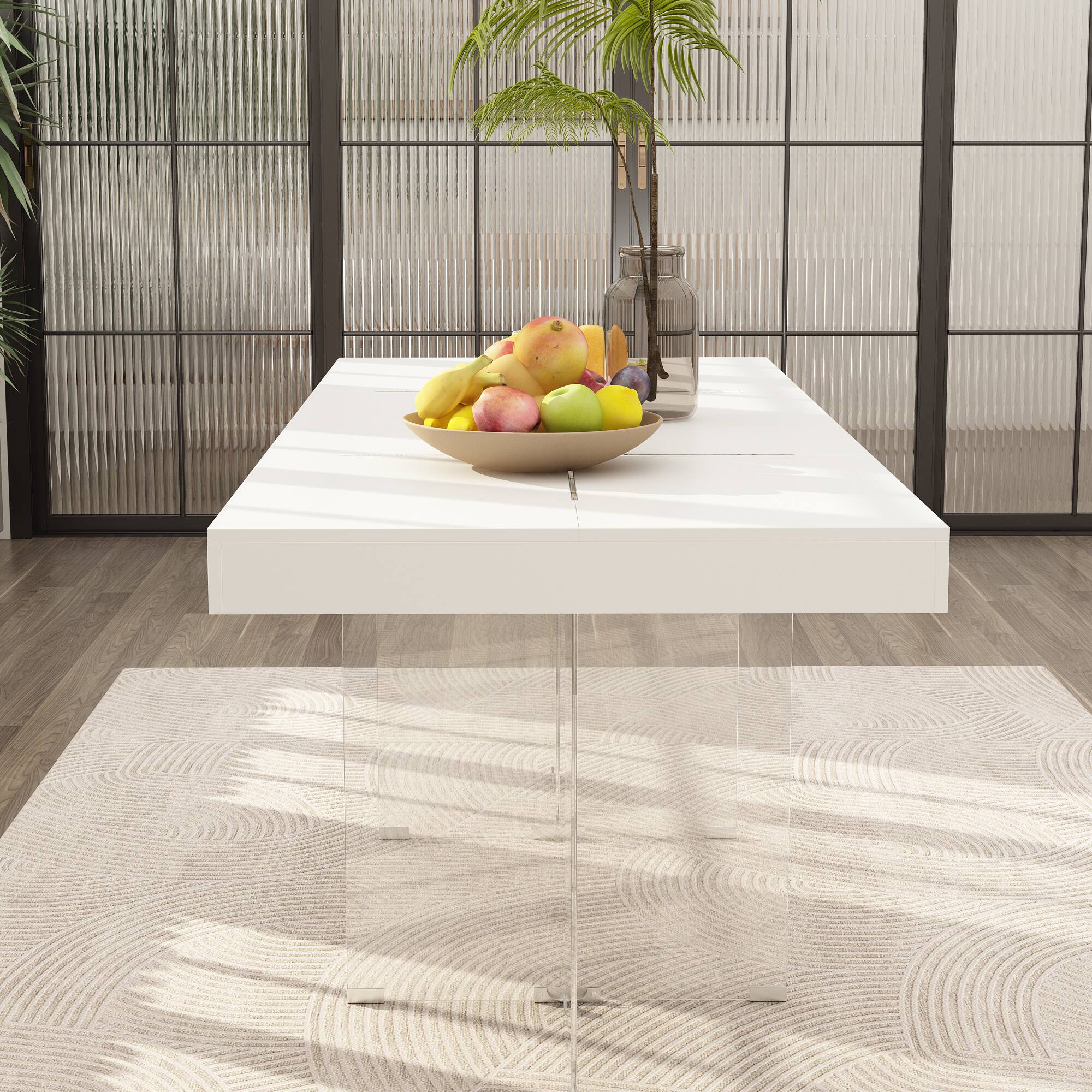 Alt View 4. FUFU & GAGA - Modern Dining Table with Tempered Glass Legs, Minimalist Rectangular Table for Dining Room or Living Room - White.