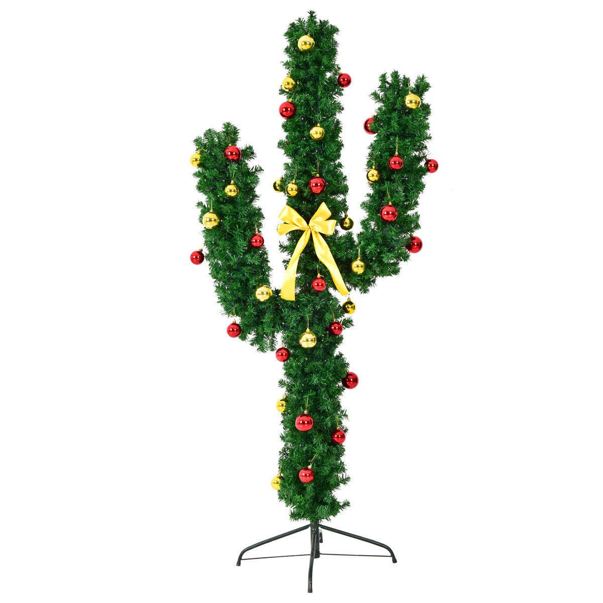 Alt View 18. Costway - 6Ft Pre-Lit Cactus Christmas Tree LED Lights Ball Ornaments - Green.