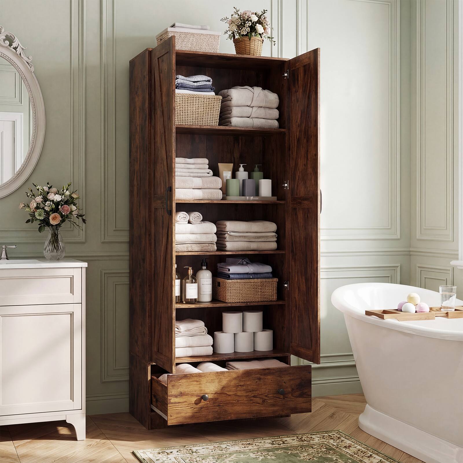 Alt View 5. Costway - Costway 72" Tall Kitchen Pantry Cabinet, Farmhouse Wooden Cupboard with 2 Doors, Drawer - Rustic Brown.