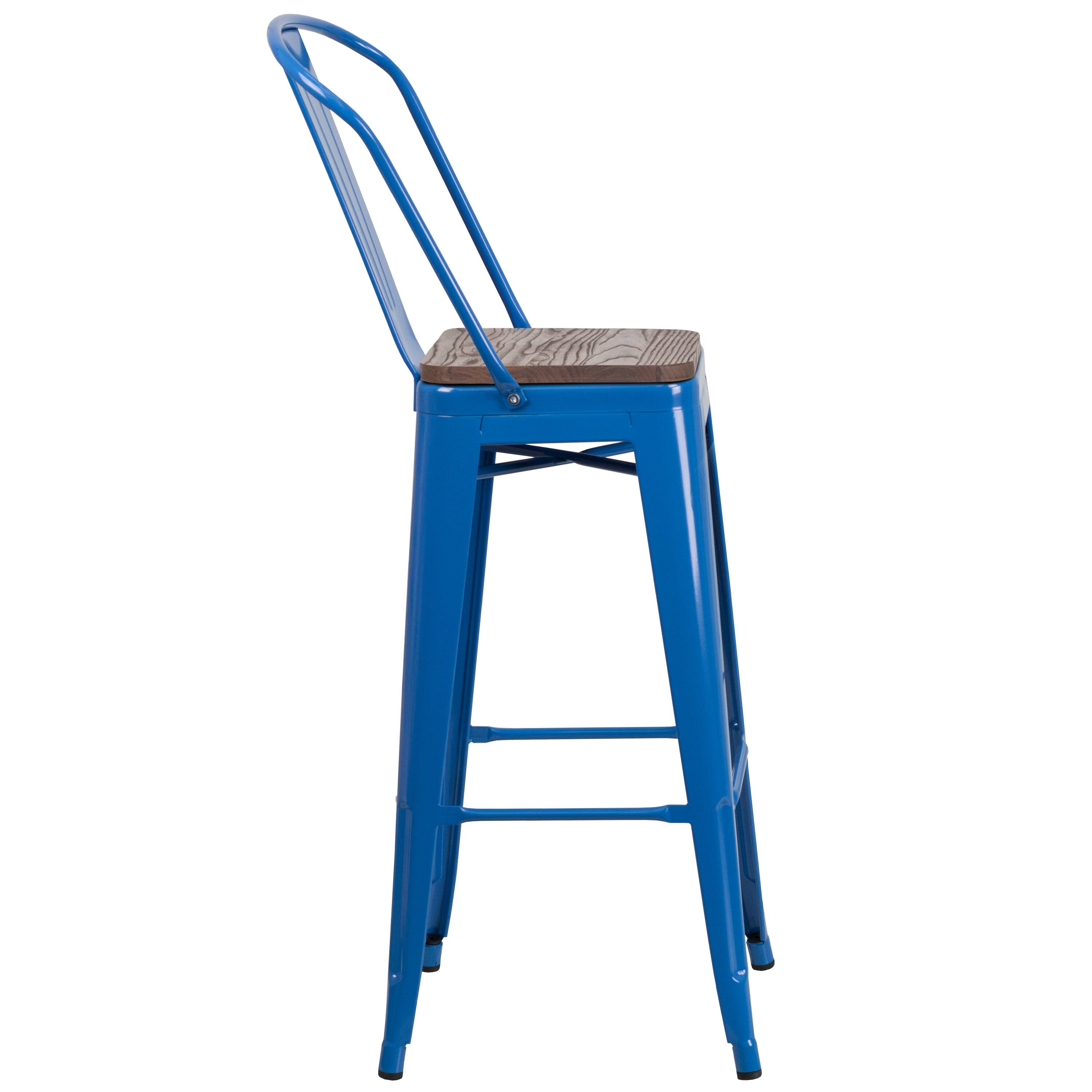 Alt View 4. Emma + Oliver - 30"H Metal Dining Barstool with Back and Square Wood Seat - Blue.