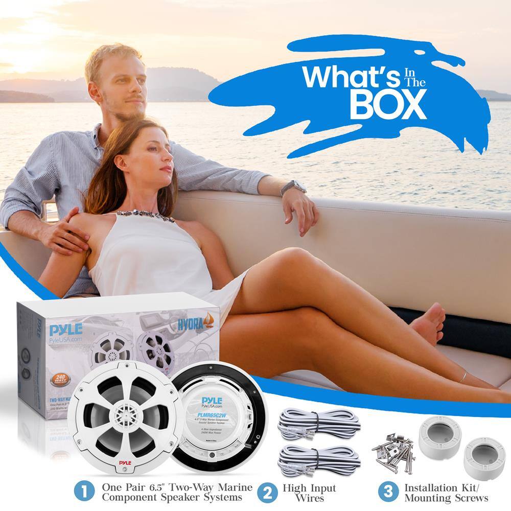 What's In The BOX

1. One Pair 6.5" Two-Way Marine Component Speaker Systems
2. High Input Wires
3. Installation Kit/Mounting Screws

PYLE
PyleUSA.com
HYORA
PLMR6SC2W