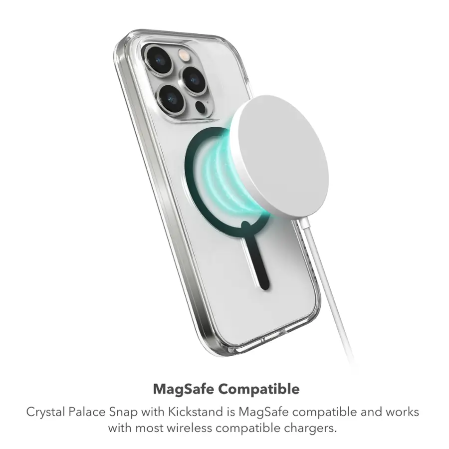 MagSafe Compatible Crystal Palace Snap with Kickstand is MagSafe compatible and works with most wireless compatible chargers.