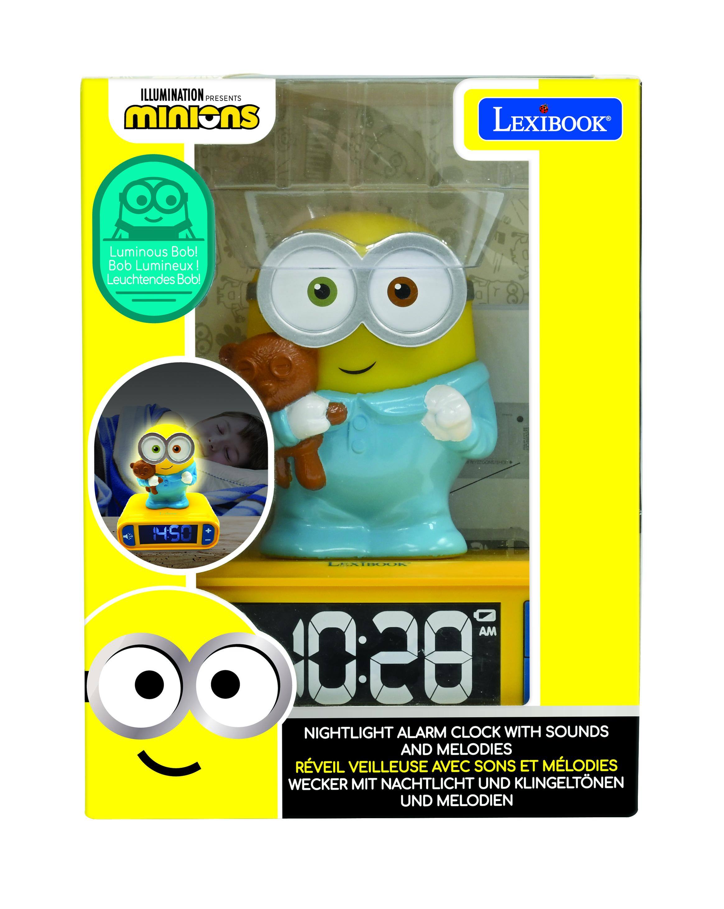 ILLUMINATION PRESENTS Minions LEXIBOOK Luminous Bob! Bob Lumineux! Leuchtdes Bob! 14:50 LA PNTOOOE O AM 10:28 NIGHTLIGHT ALARM CLOCK WITH SOUNDS AND MELODIES RÉVEIL VEILLEUSE AVEC SONS ET MÉLODIES WECKER MIT NACHTLICHT UND KLINGELTONEN UND MELODIEN