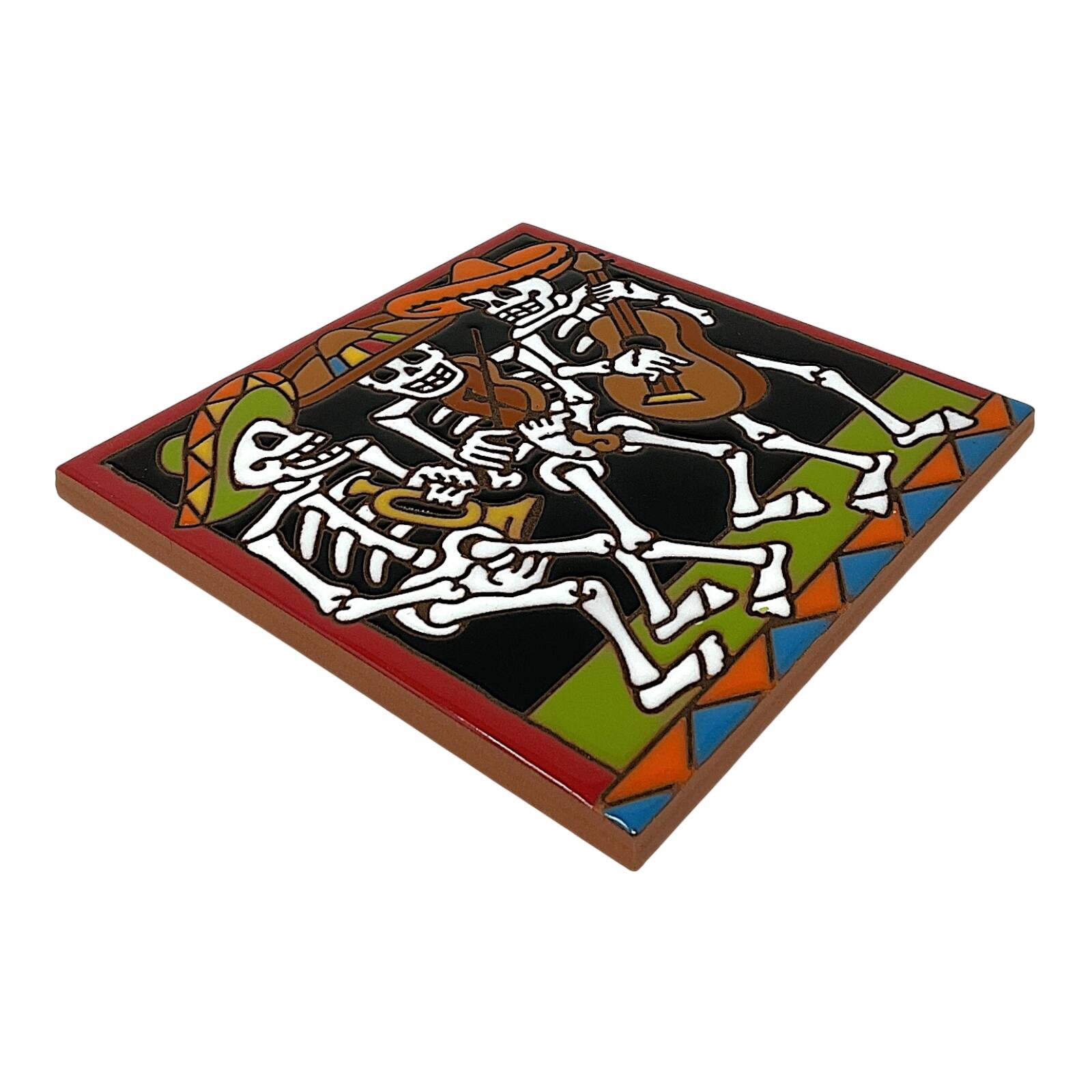 Left. Earthtones Tile - Earthtones Day of the Dead Skeleton Mariachi Band 6X6 Hand Glazed Southwest Decorative Tile or Trivet - Multicolor.