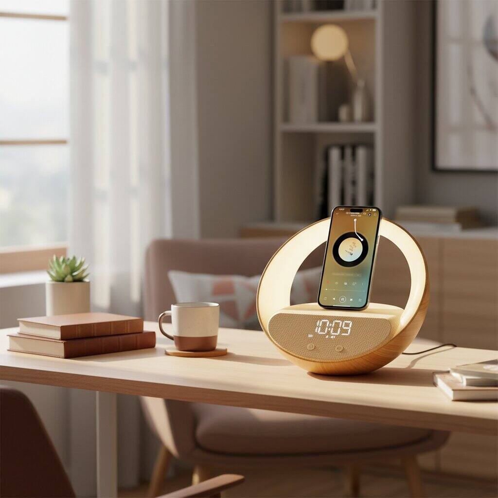 Back. Dazzed Corner - Wireless Charging Station,Bluetooth Speaker,Table Clock - Wood.