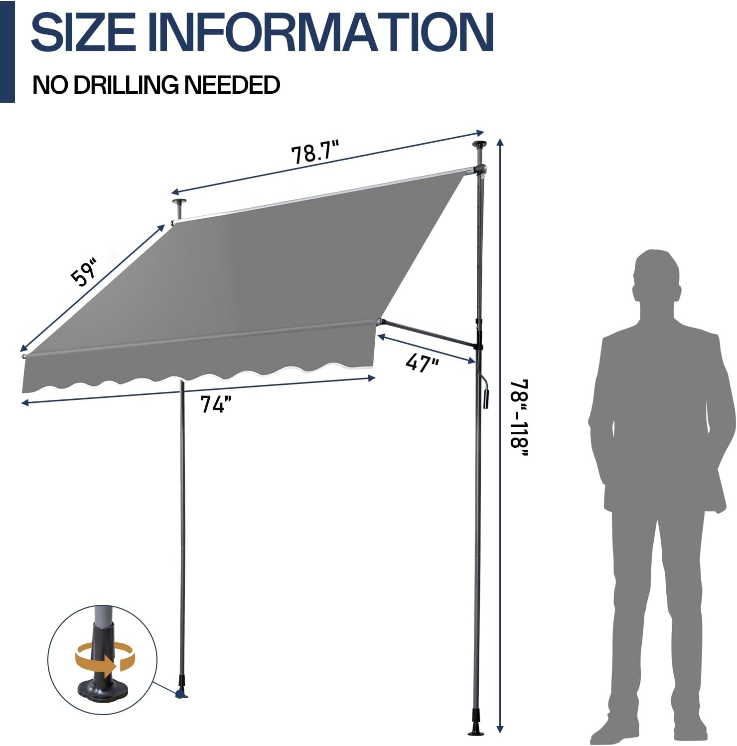 SIZE INFORMATION  
NO DRILLING NEEDED  
78.7"  
59"  
74"  
47"  
78"-118"