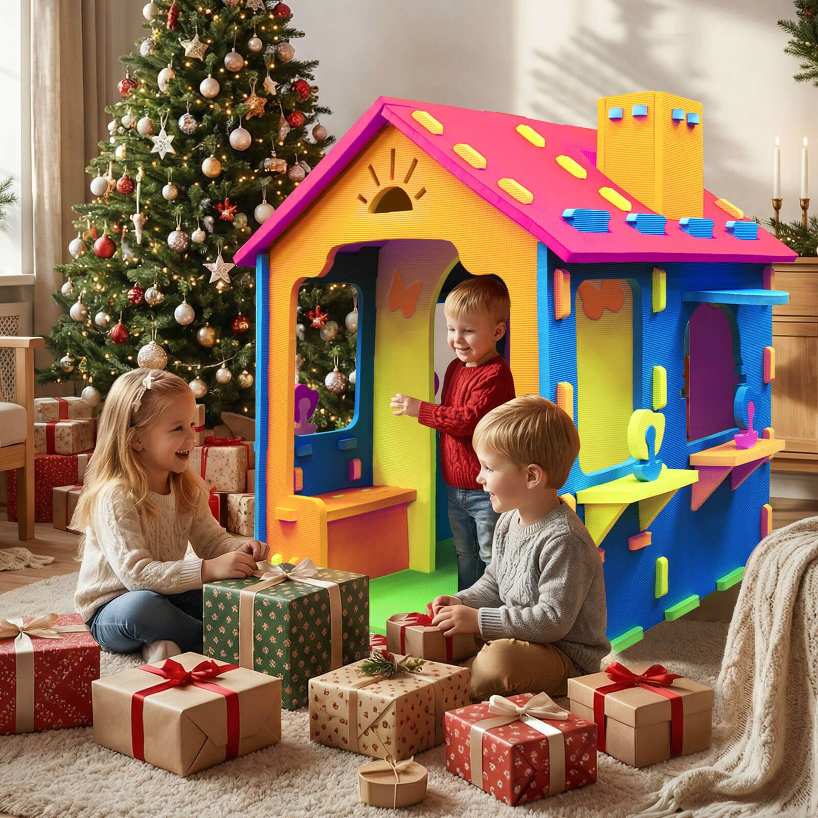 Alt View 1. Costway - Costway Kids EVA Foam Playhouse with Roof, Chimney, Windows & Doorways for Creative Play - Multicolor.