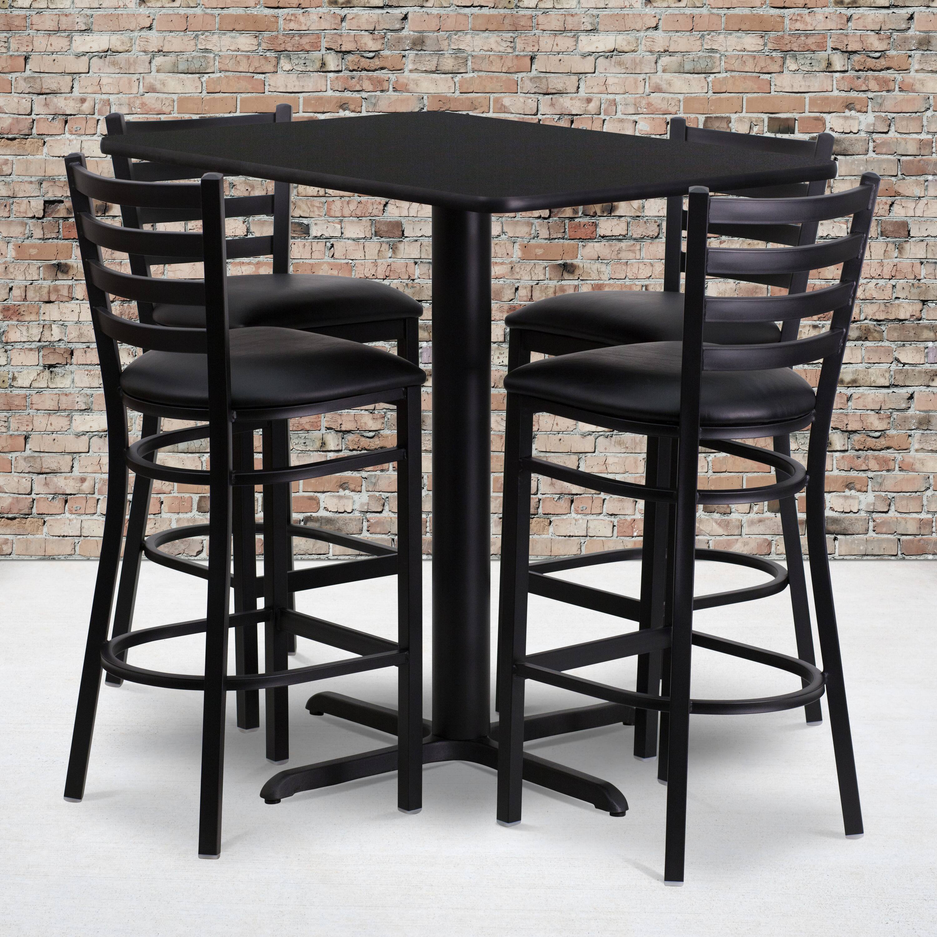 Alt View 1. Emma + Oliver - 24"W x 42"L Rectangular Laminate Table Set & 4 Ladder Back Stools - Black Top/Black Vinyl Seat.
