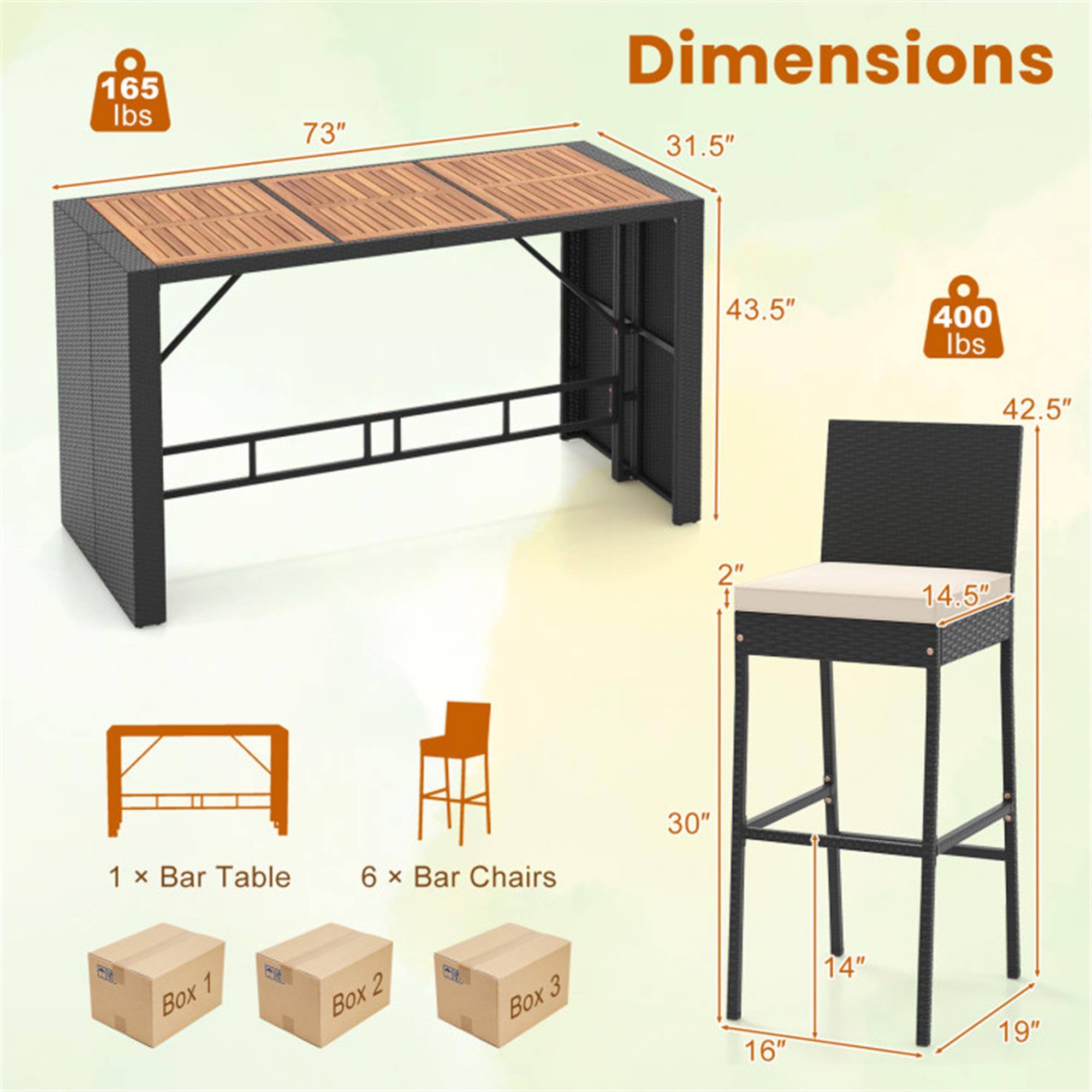 165 lbs  
73"  
Dimensions  
31.5" x 43.5" x 400 lbs  
42.5" x 2" x 14.5" x 30"  
1 x Bar Table  
6 x Bar Chairs  
1 Box E  
2 Box E  
3 Box  
16" x 14" x 19"