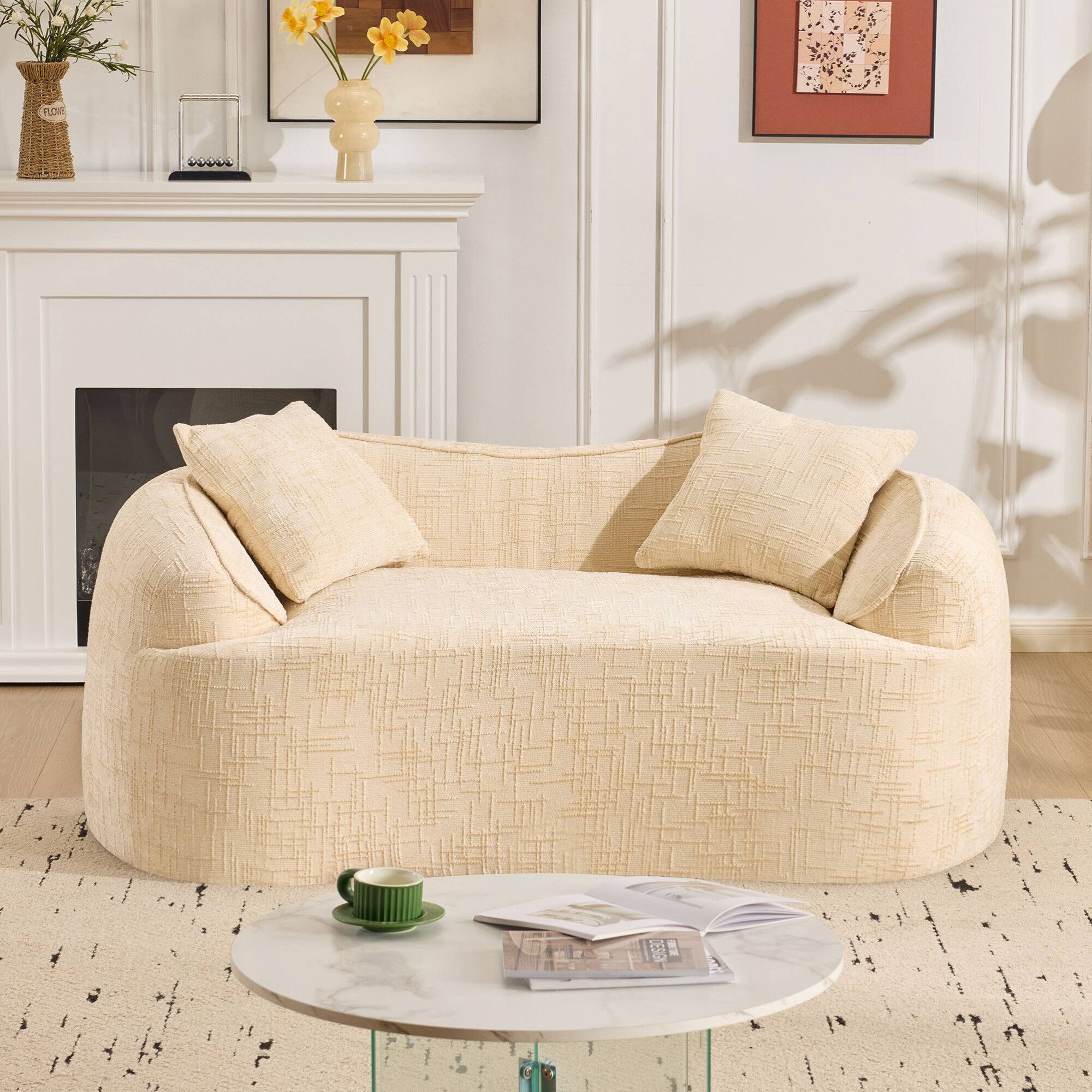 Left. GOODSILO - Curved Two-Person Compression Sofa with Pillows for Small Spaces - Beige.