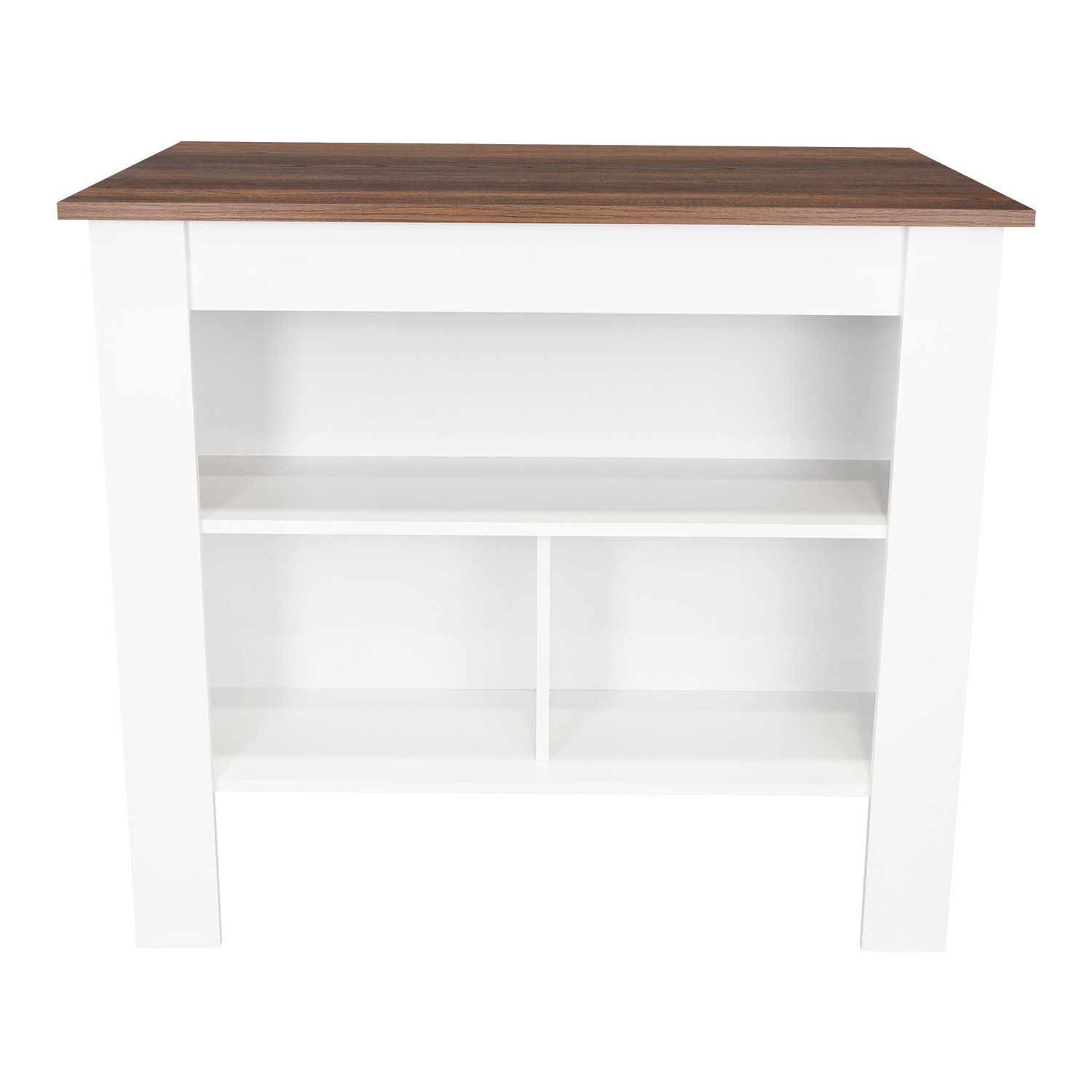 Back. TuHome - Cala Kitchen Island, Four Legs, Three Shelves, White and Walnut - White, Walnut.