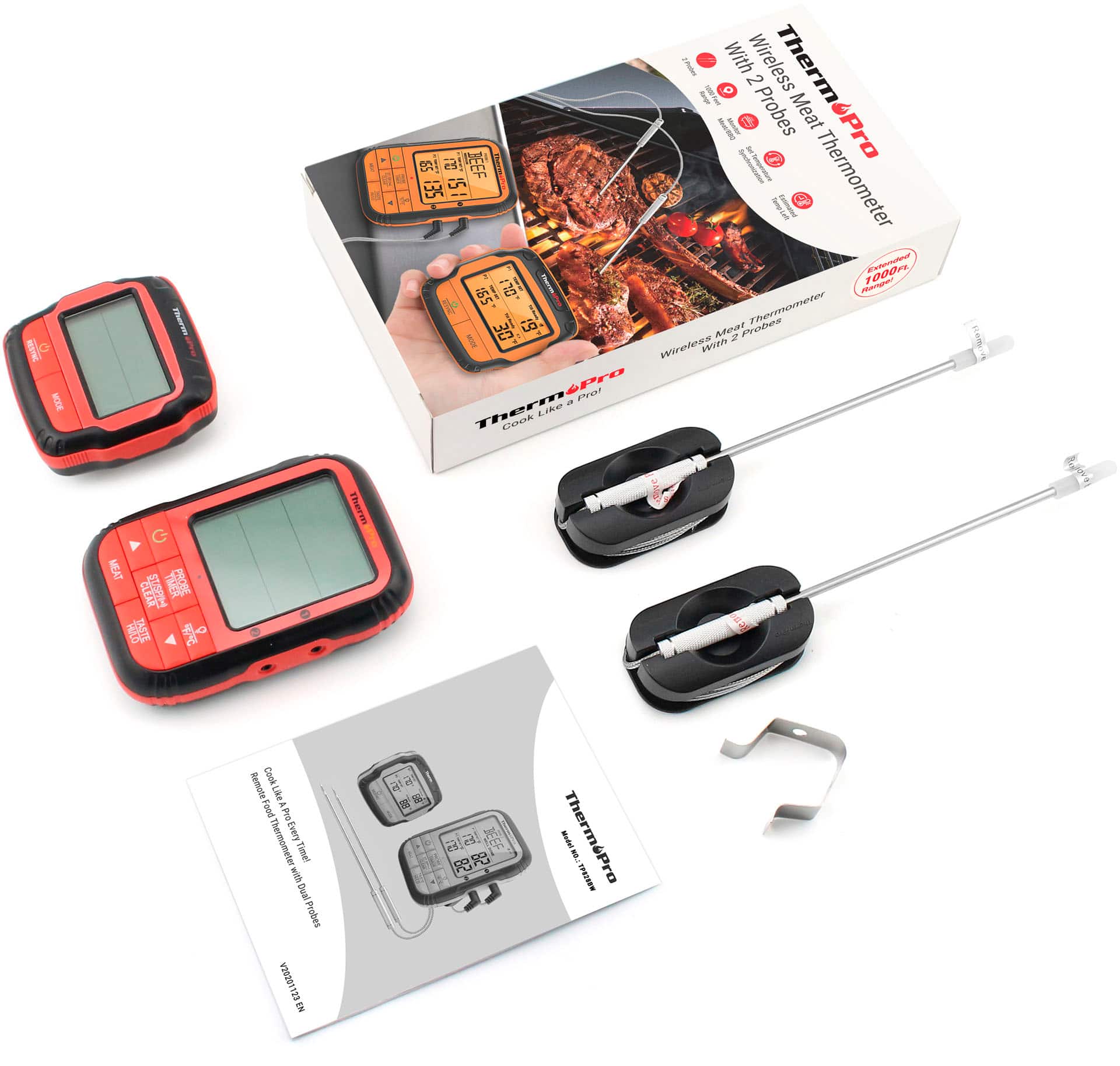 A Thermapro thermometer with two probes and a remote control. The thermometer is designed for meat and can be used with dual probes. The thermometer comes with a cookbook and a guide for using the thermometer. The thermometer is made by Thermapro and is a wireless device.