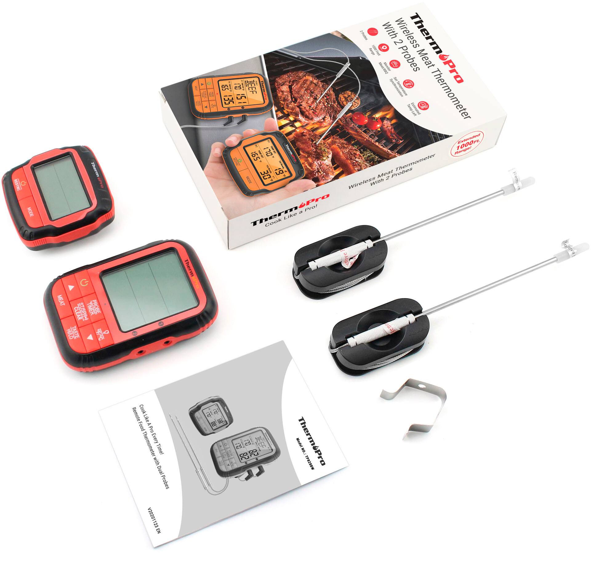 A Thermapro thermometer with two probes and a remote control. The thermometer is designed for meat and can be used with dual probes. The thermometer comes with a cookbook and a guide for using the thermometer. The thermometer is made by Thermapro and is a wireless device.