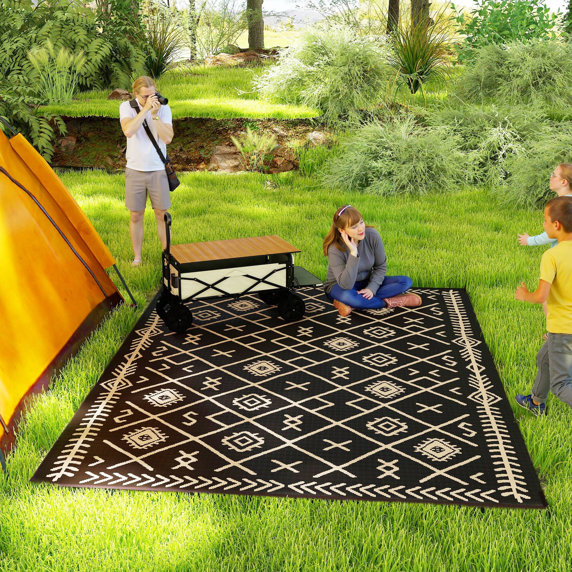 Alt View 1. Outsunny - Reversible Outdoor Rug, 9' x 12' Waterproof Plastic Straw Floor Mat, Portable RV Camping Carpet, Large Floor Mat - Black and Beige Rhombus.